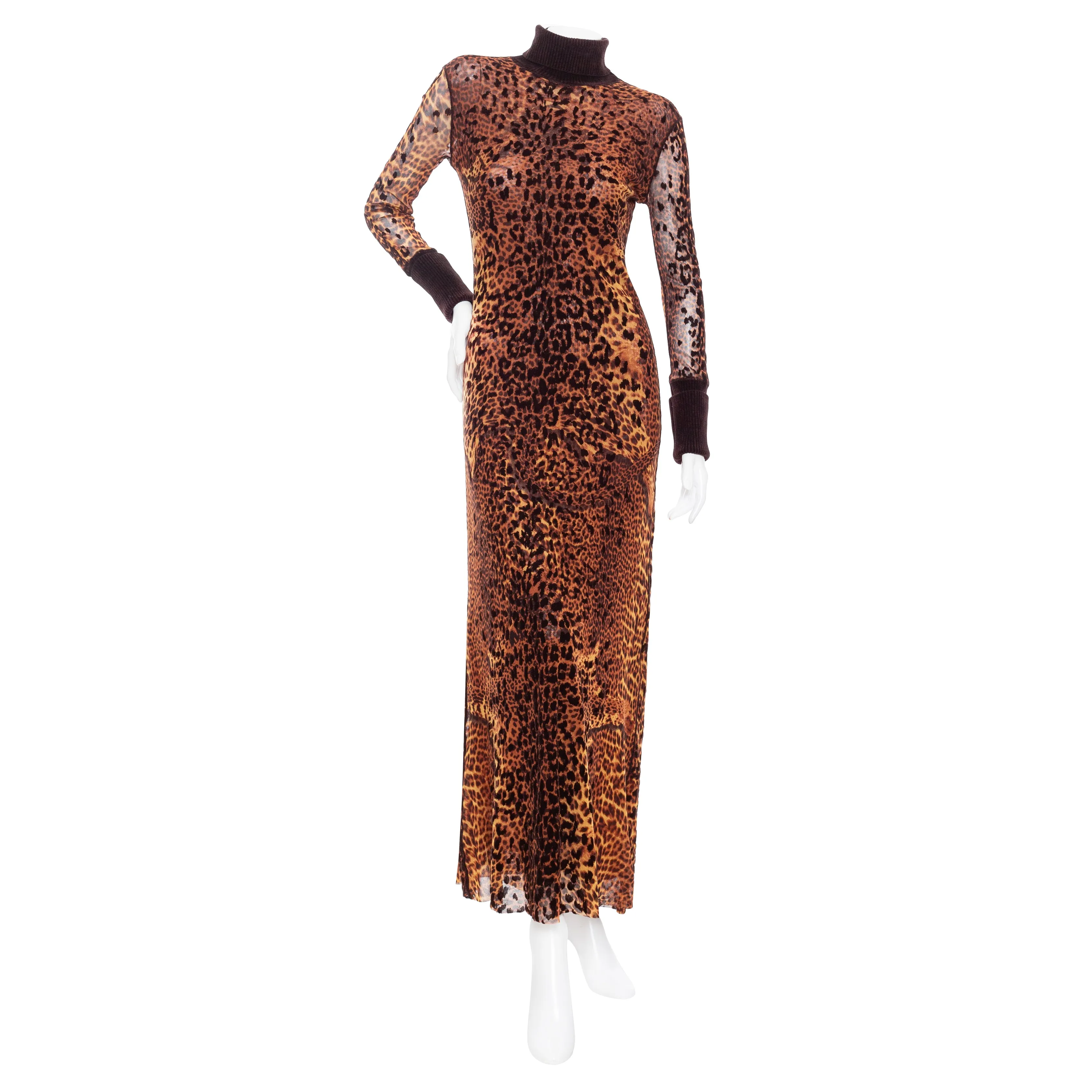 1990s Maille Femme Brown Mesh Leopard Two-Piece Dress and Cardigan Set