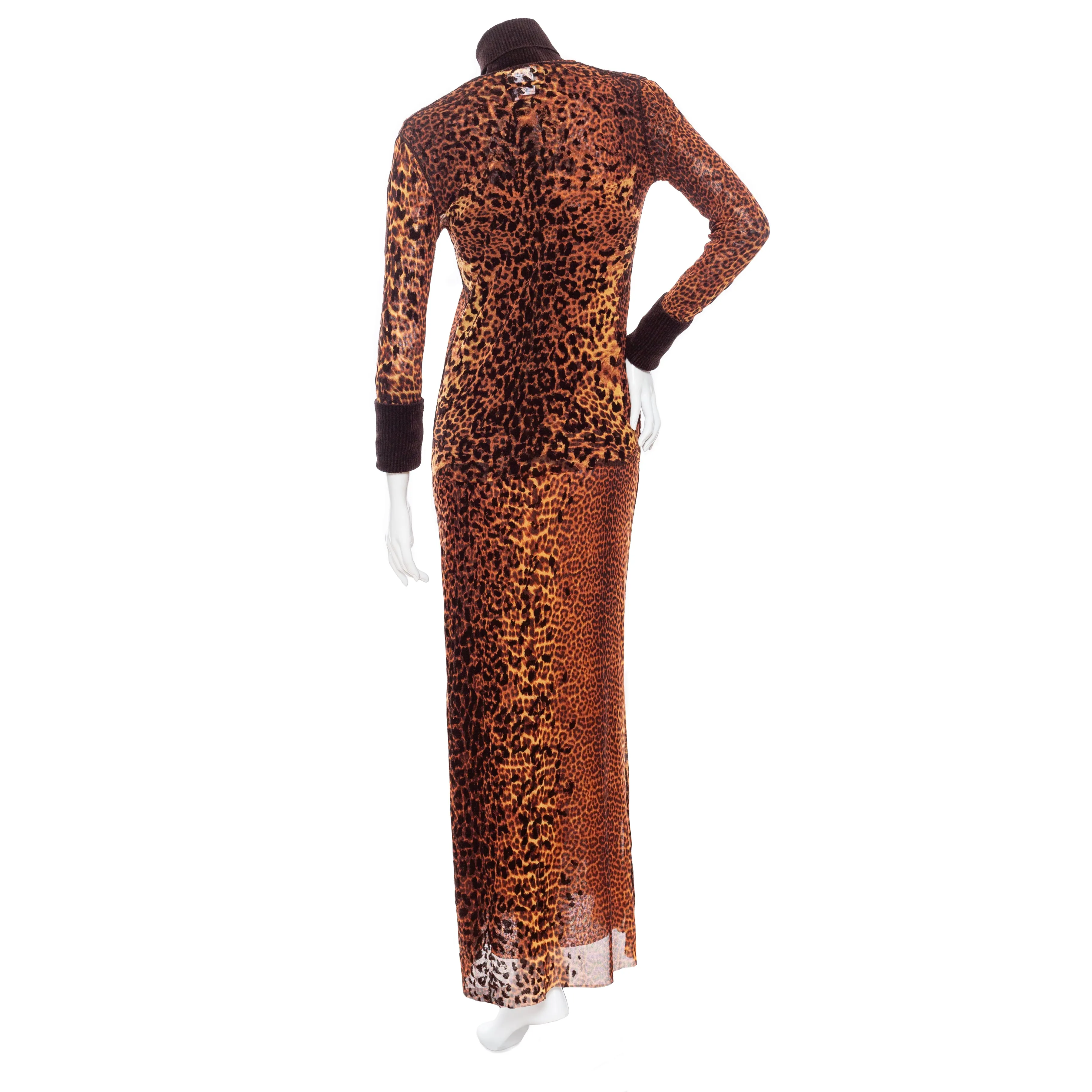 1990s Maille Femme Brown Mesh Leopard Two-Piece Dress and Cardigan Set