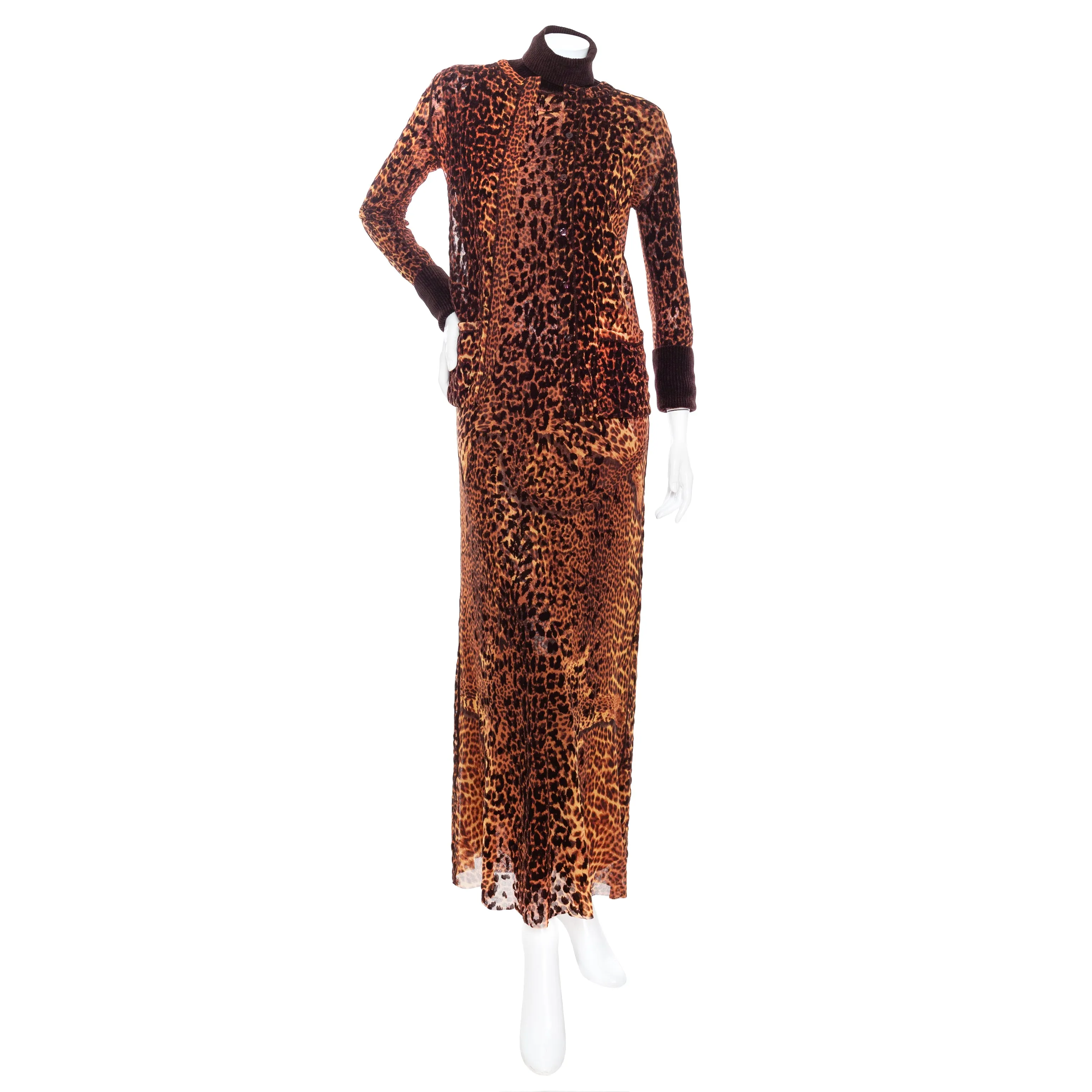 1990s Maille Femme Brown Mesh Leopard Two-Piece Dress and Cardigan Set