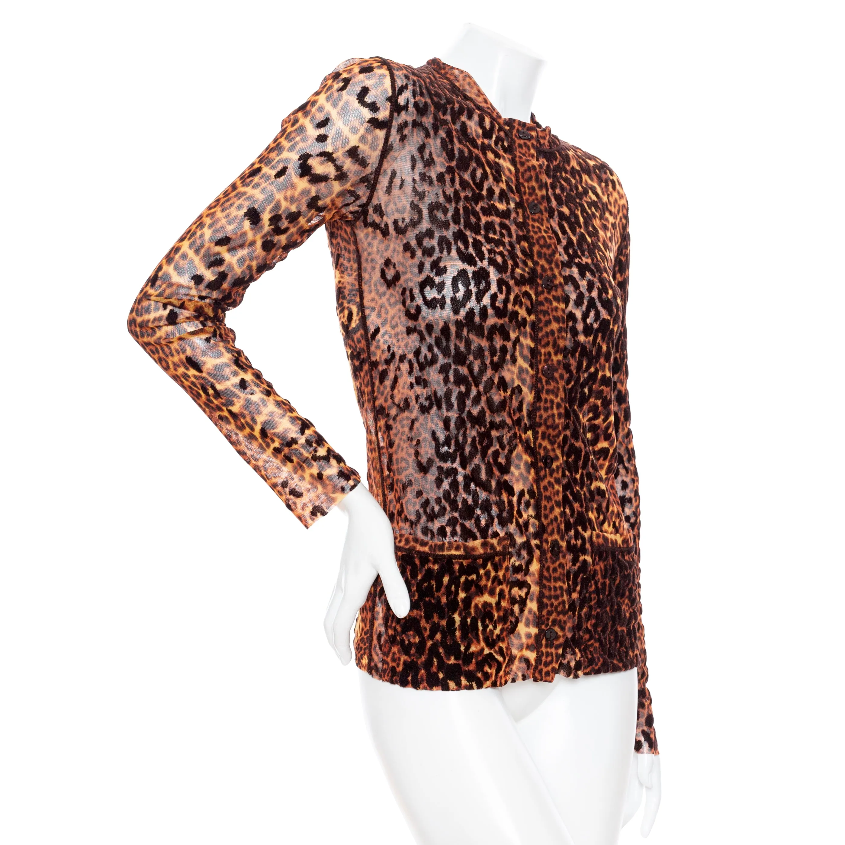 1990s Maille Femme Brown Mesh Leopard Two-Piece Dress and Cardigan Set