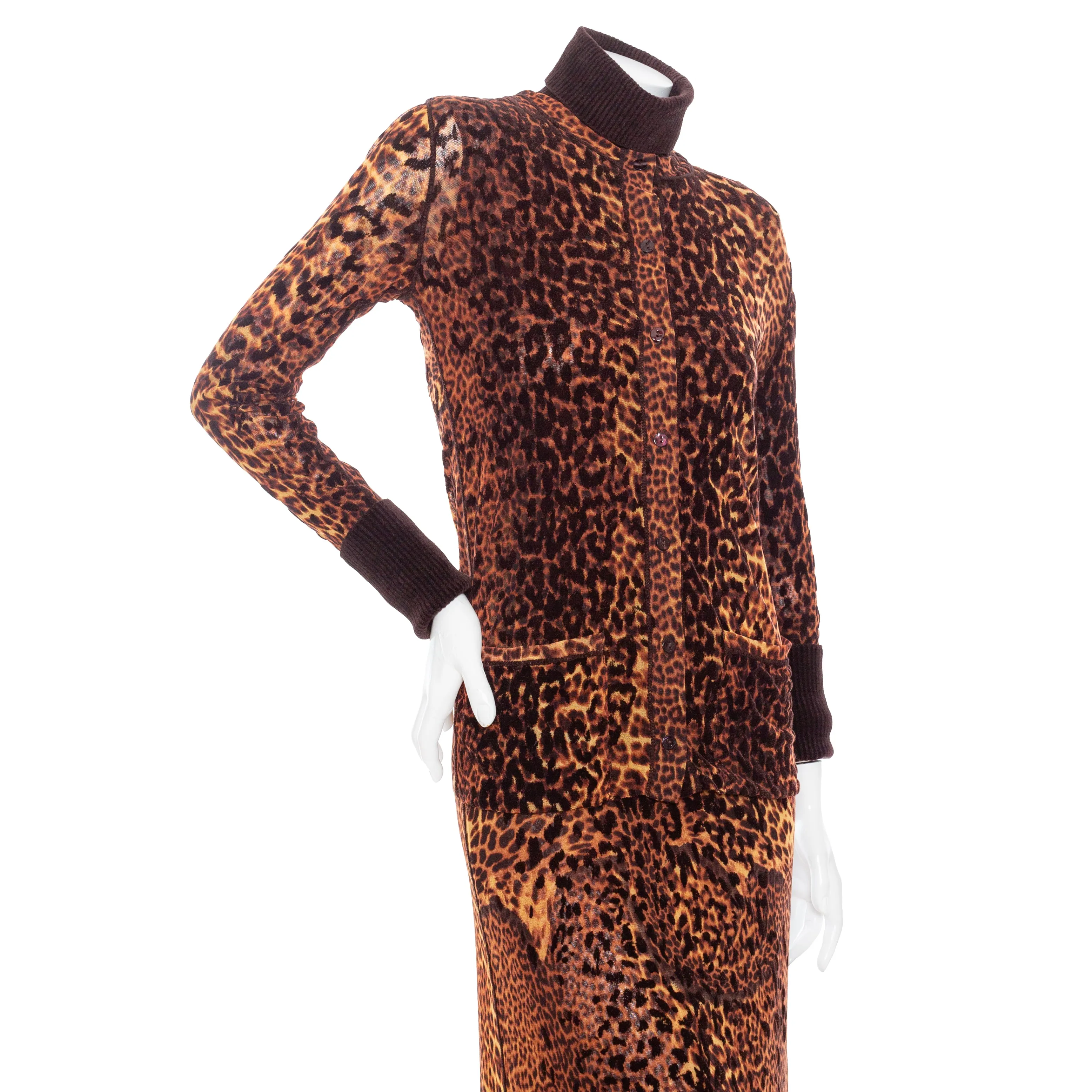 1990s Maille Femme Brown Mesh Leopard Two-Piece Dress and Cardigan Set