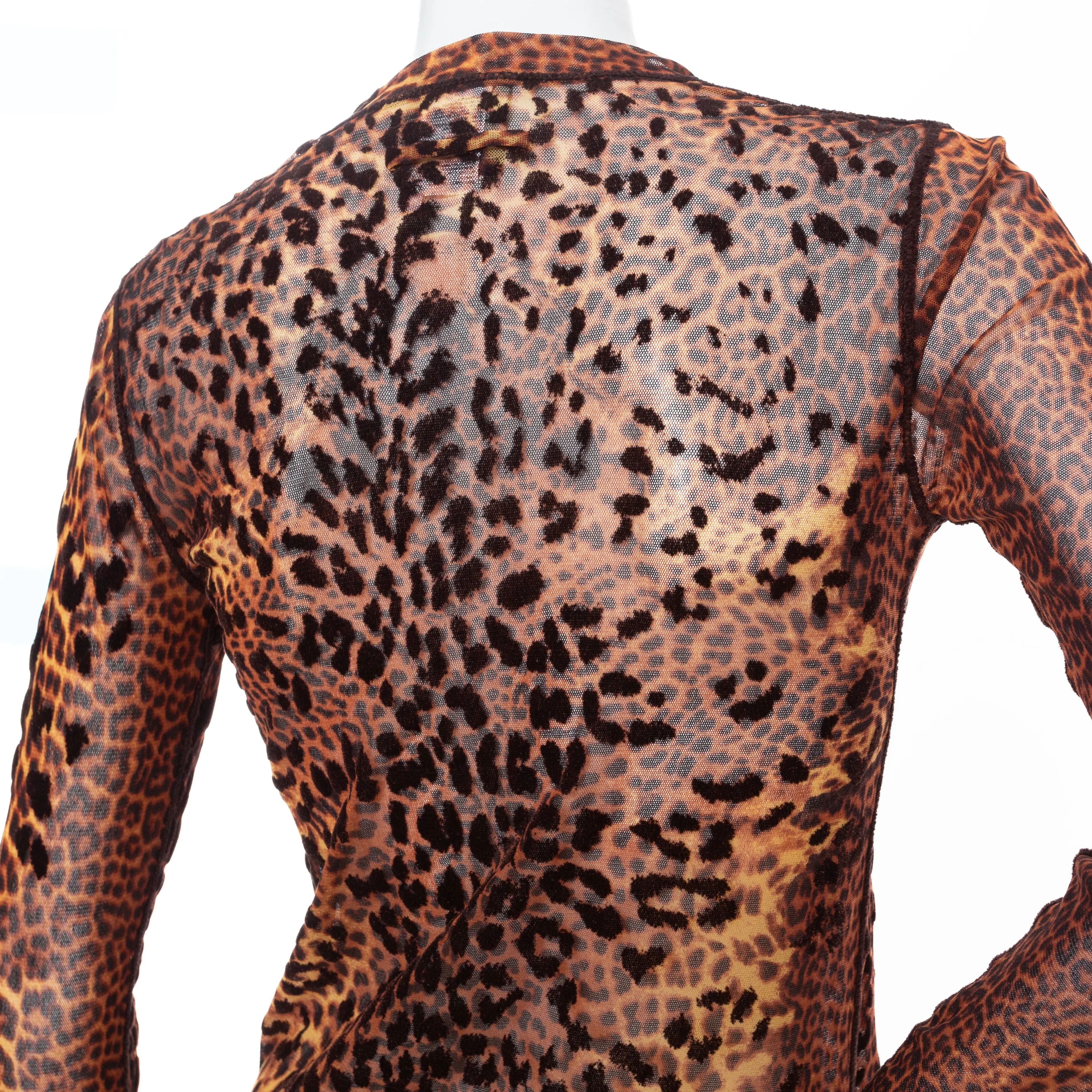 1990s Maille Femme Brown Mesh Leopard Two-Piece Dress and Cardigan Set