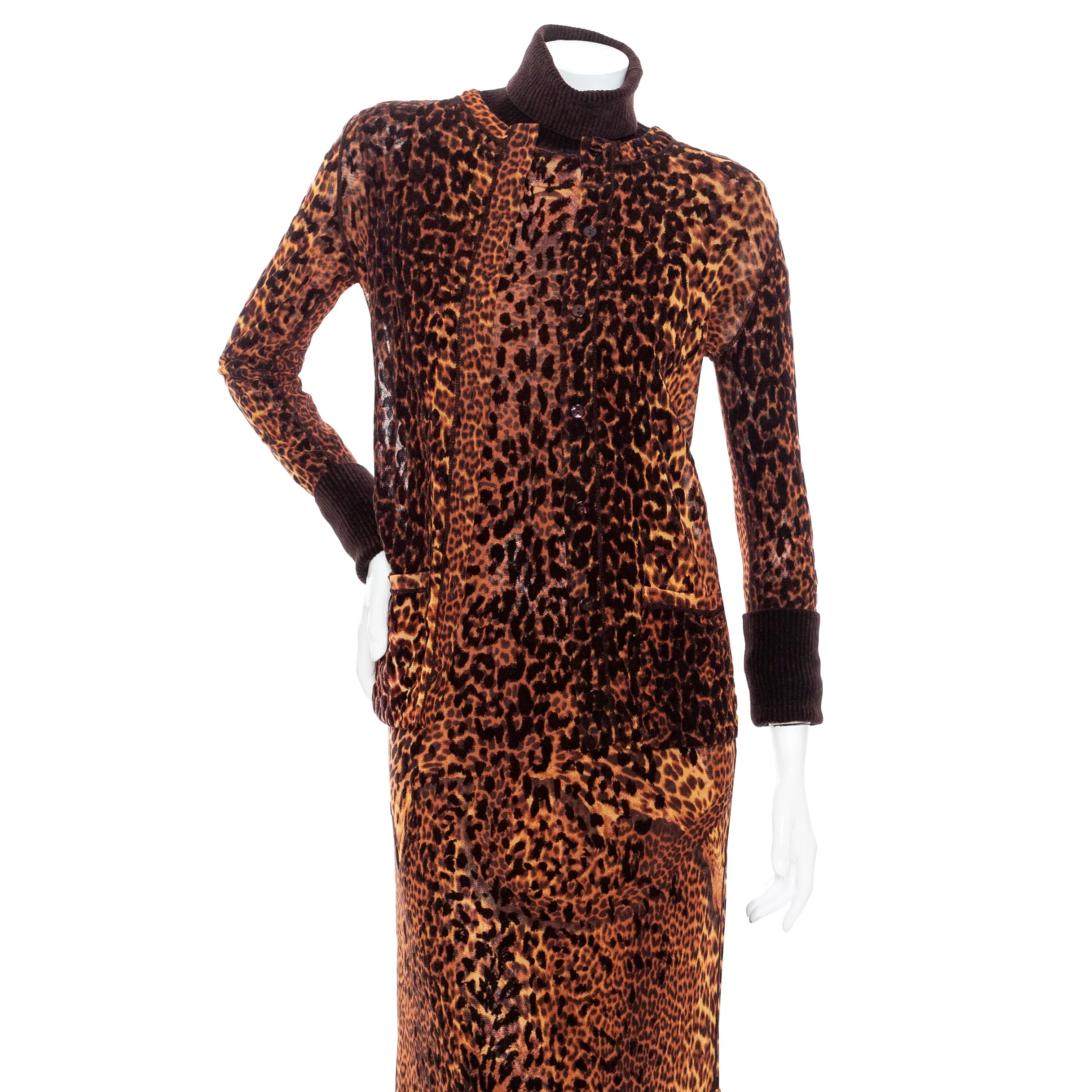 1990s Maille Femme Brown Mesh Leopard Two-Piece Dress and Cardigan Set