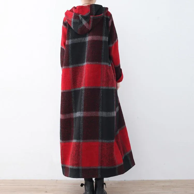 2021 Red Plaid Wool Coat Plussize Winter Coat Women Hooded Maxi Coat