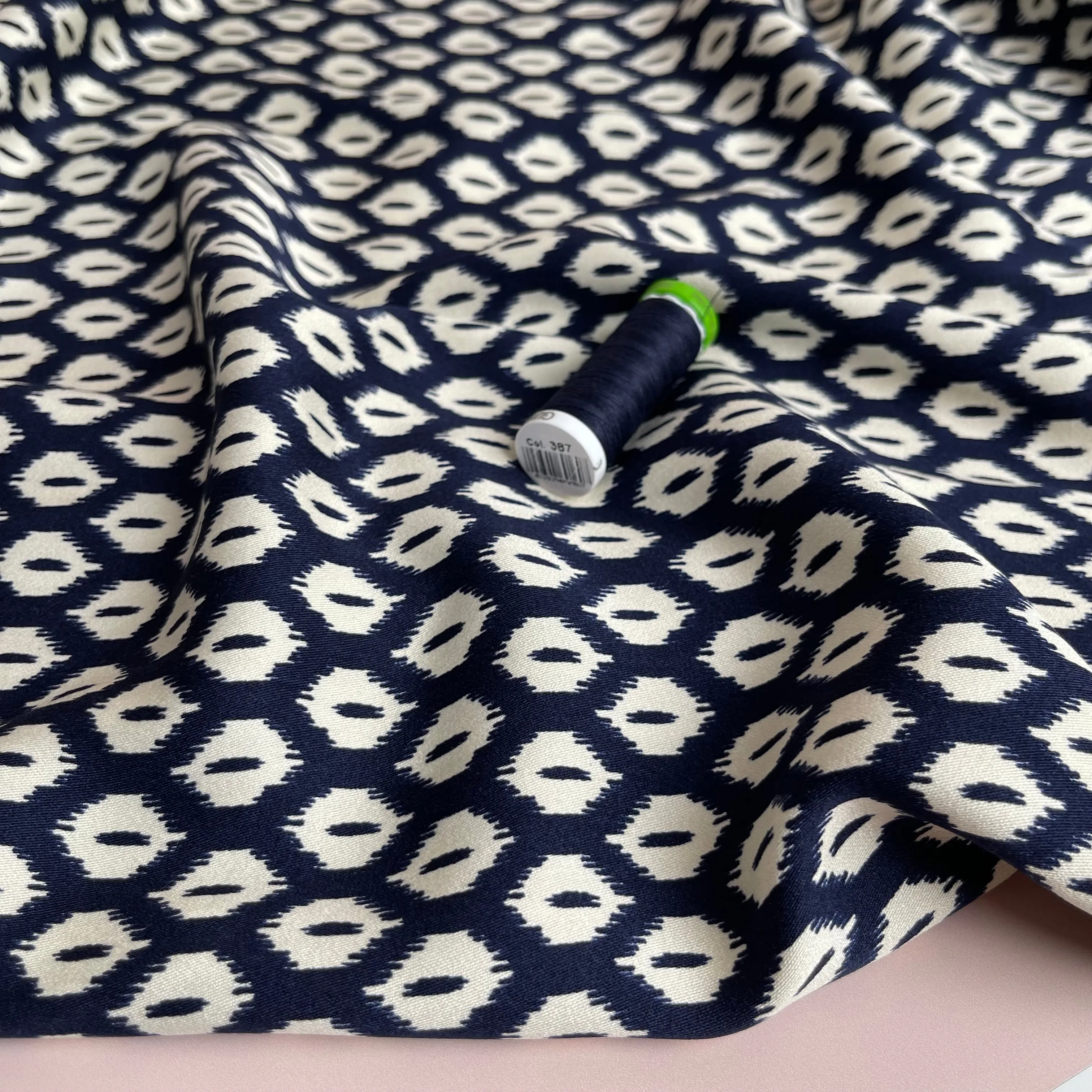 Abstract Rhombus on Navy Viscose Twill Sateen Fabric