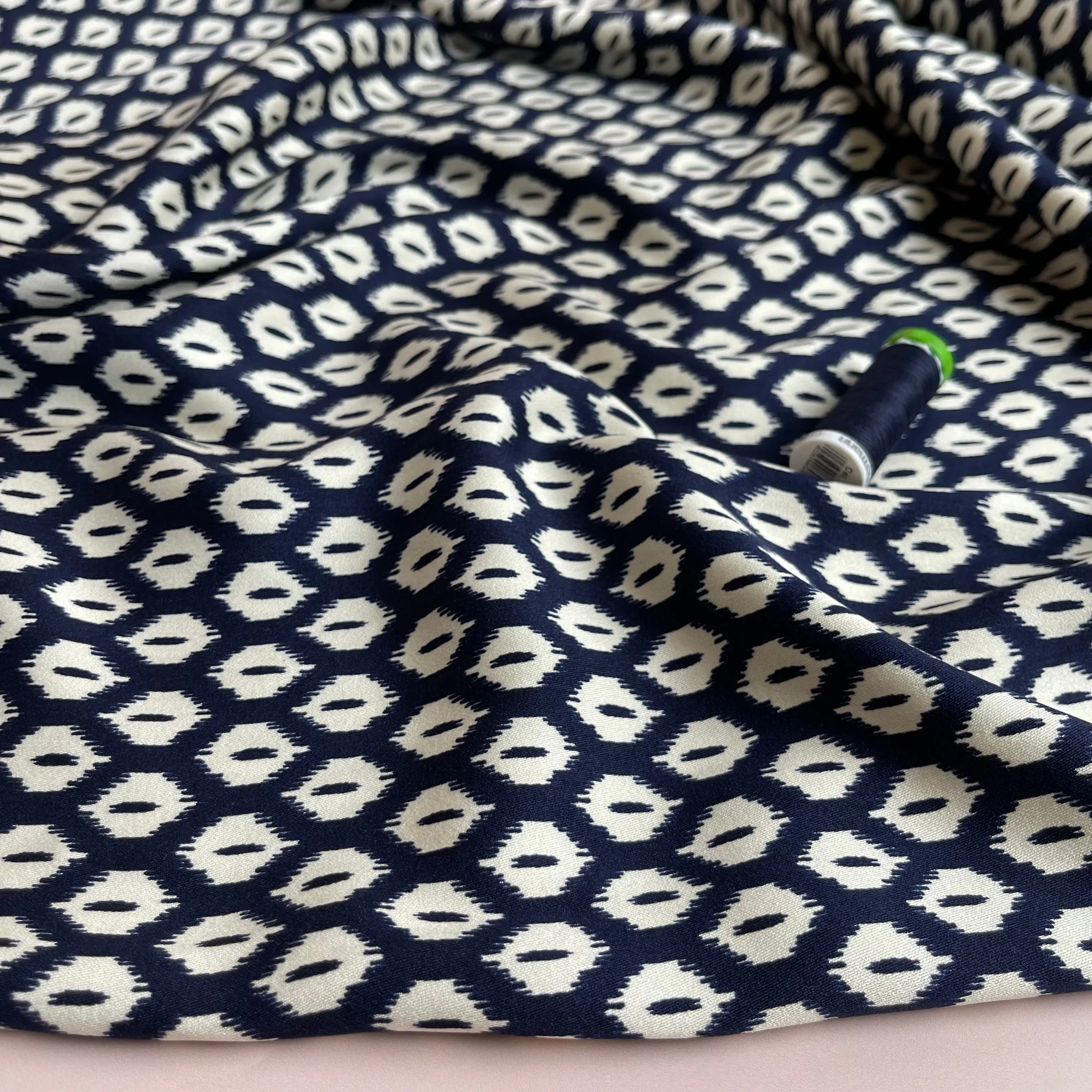 Abstract Rhombus on Navy Viscose Twill Sateen Fabric