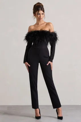 Ales | Black Bardot Tailored Straight-Leg Jumpsuit With Feather Trim