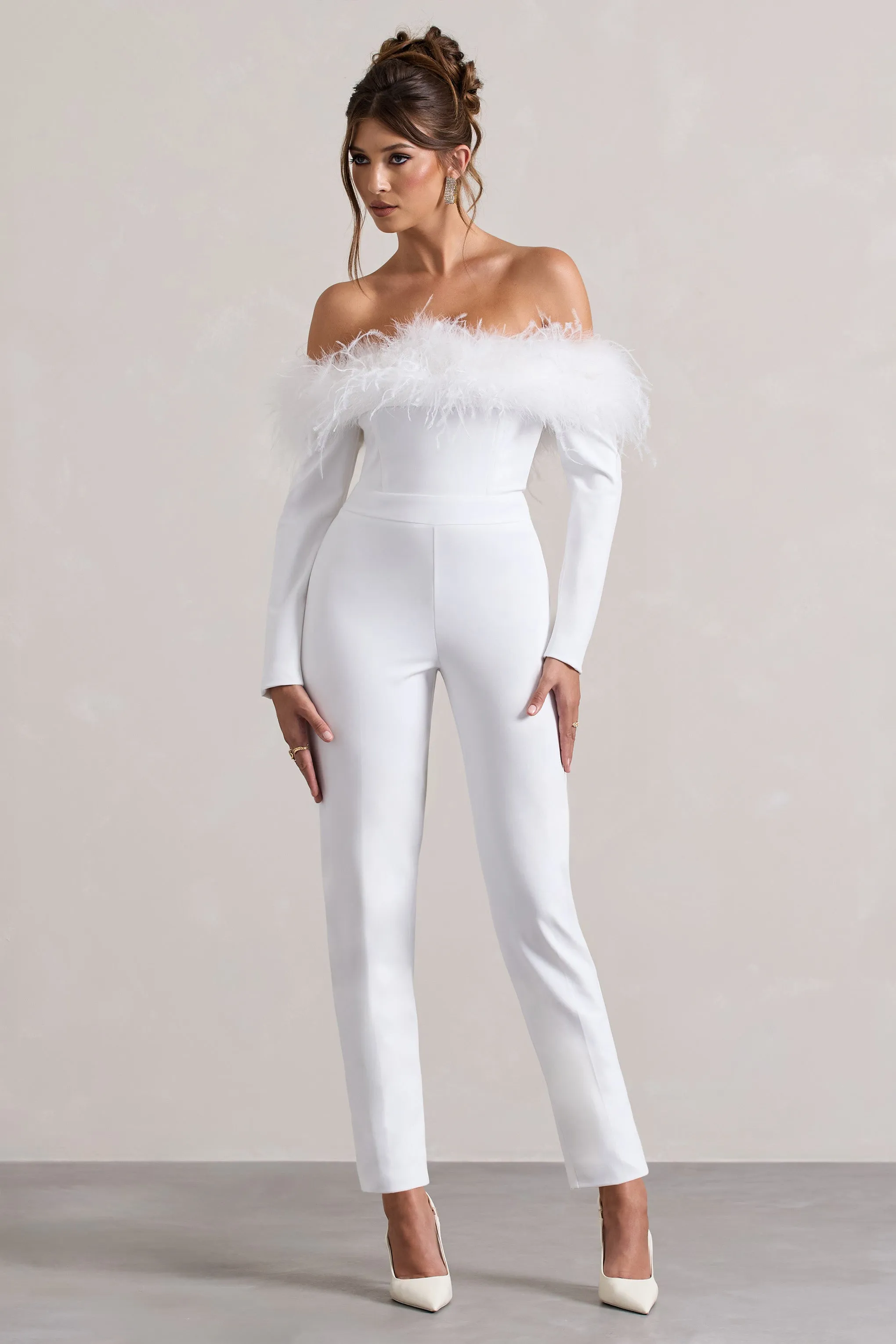 Ales | Black Bardot Tailored Straight-Leg Jumpsuit With Feather Trim