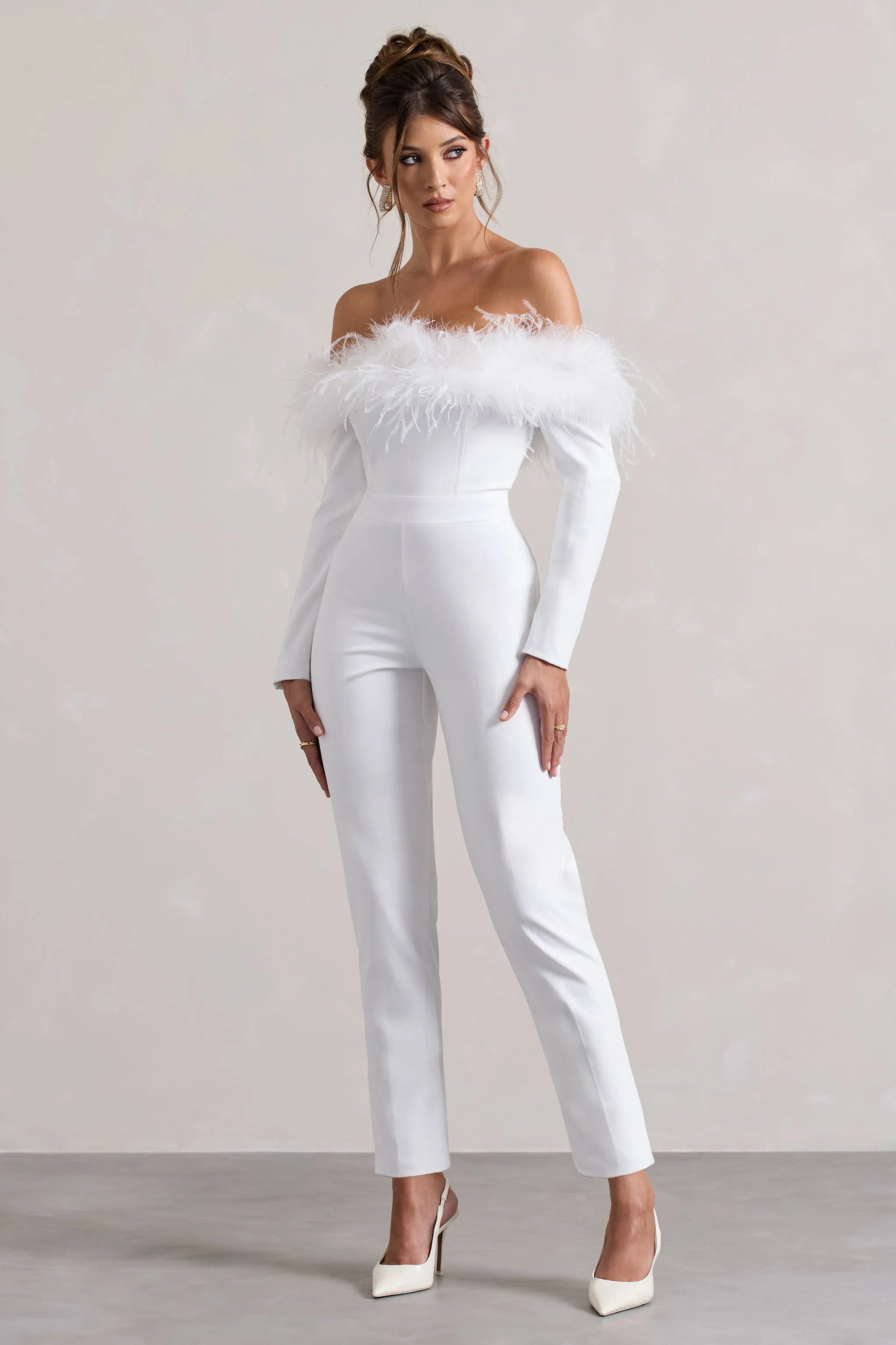 Ales | Black Bardot Tailored Straight-Leg Jumpsuit With Feather Trim