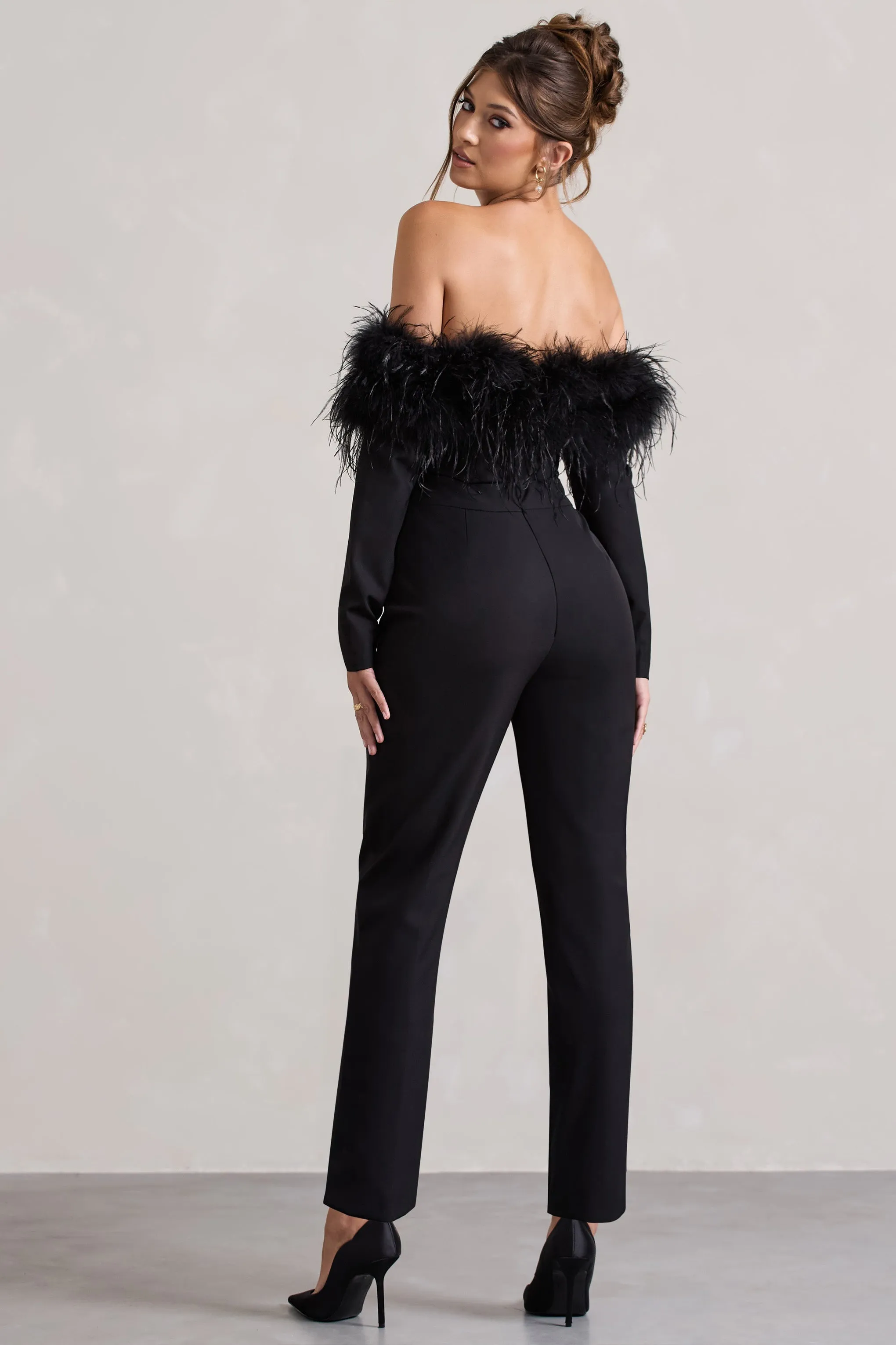 Ales | Black Bardot Tailored Straight-Leg Jumpsuit With Feather Trim