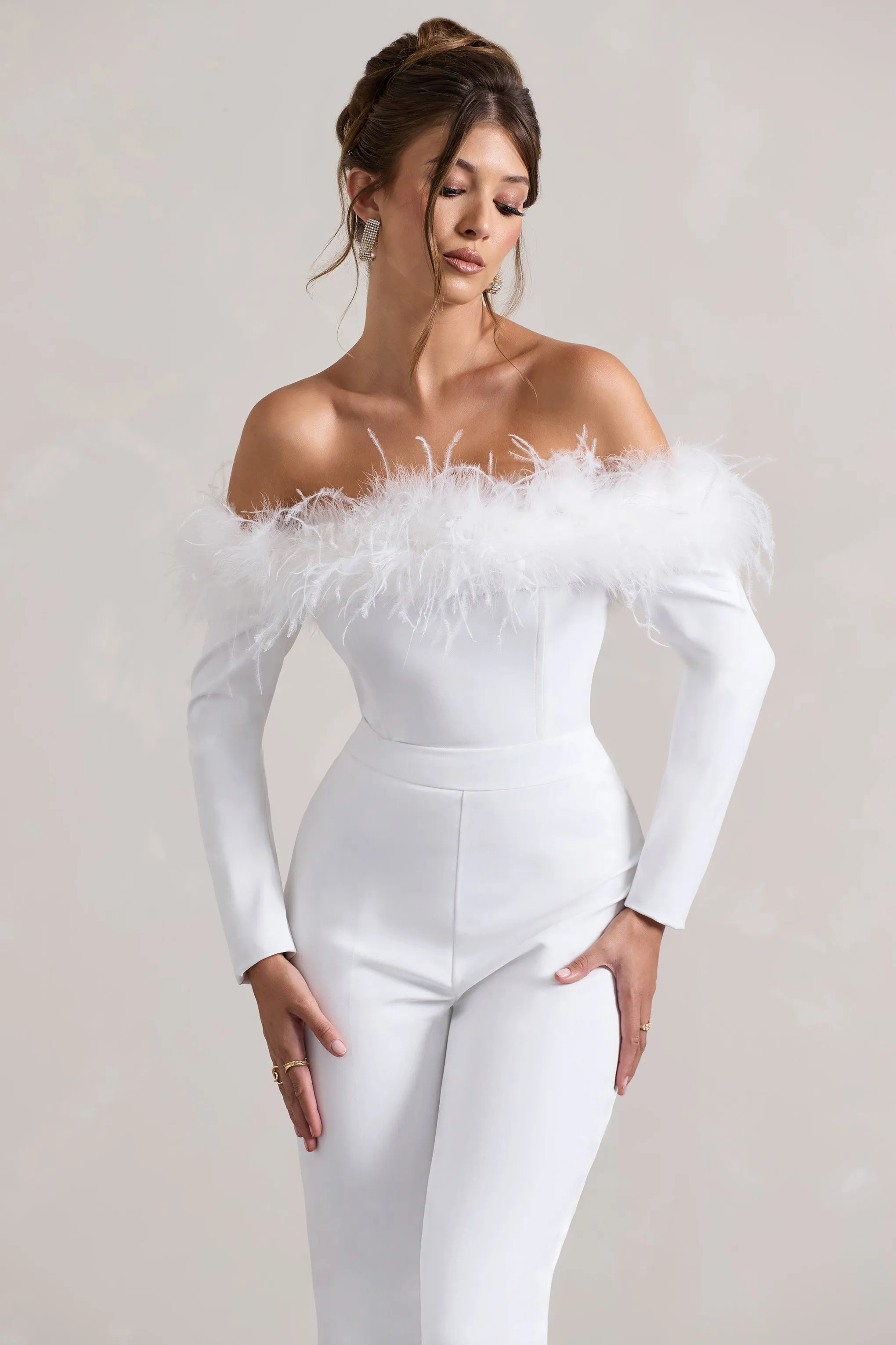 Ales | White Bardot Tailored Straight-Leg Jumpsuit With Feather Trim