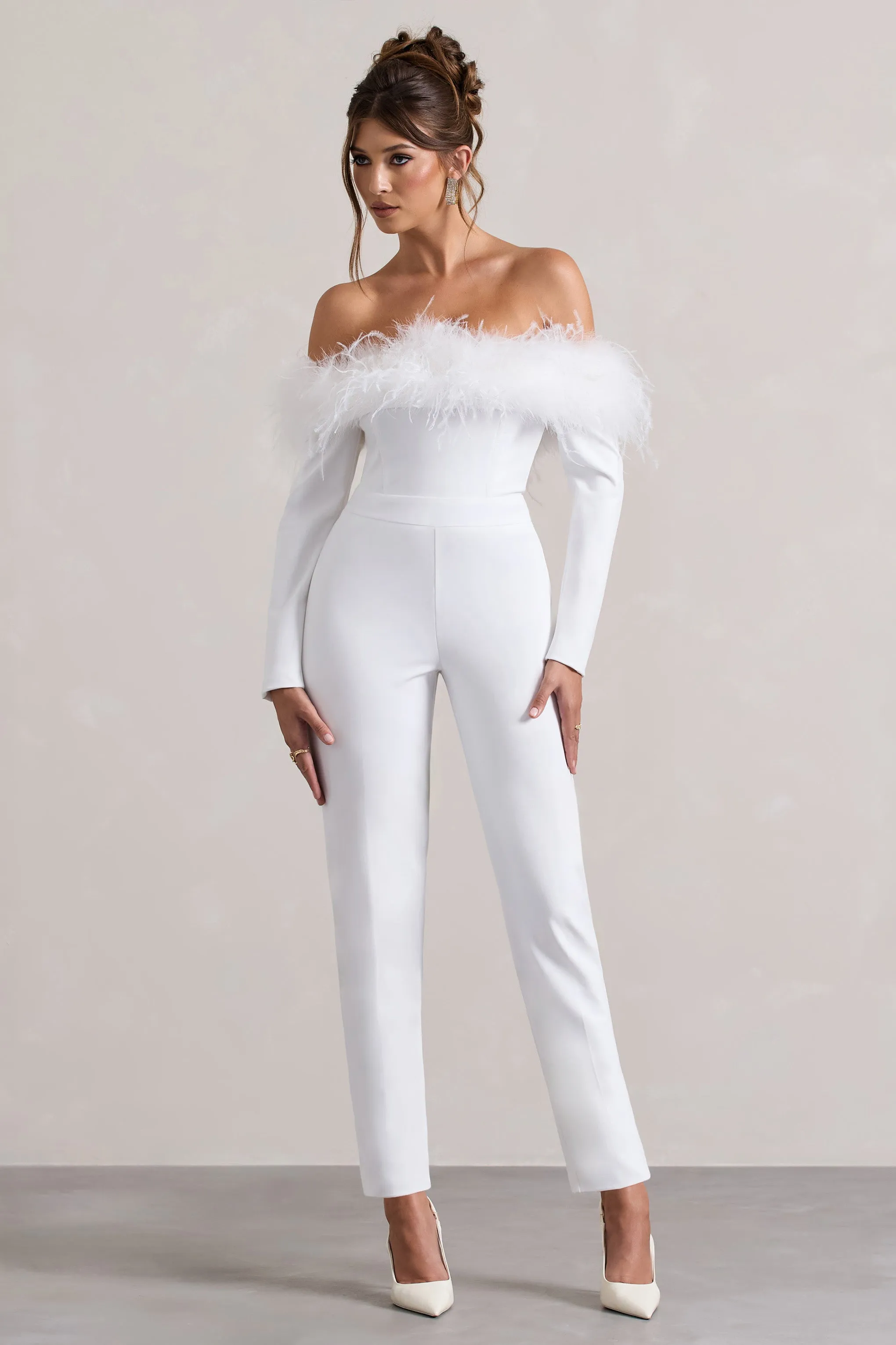 Ales | White Bardot Tailored Straight-Leg Jumpsuit With Feather Trim