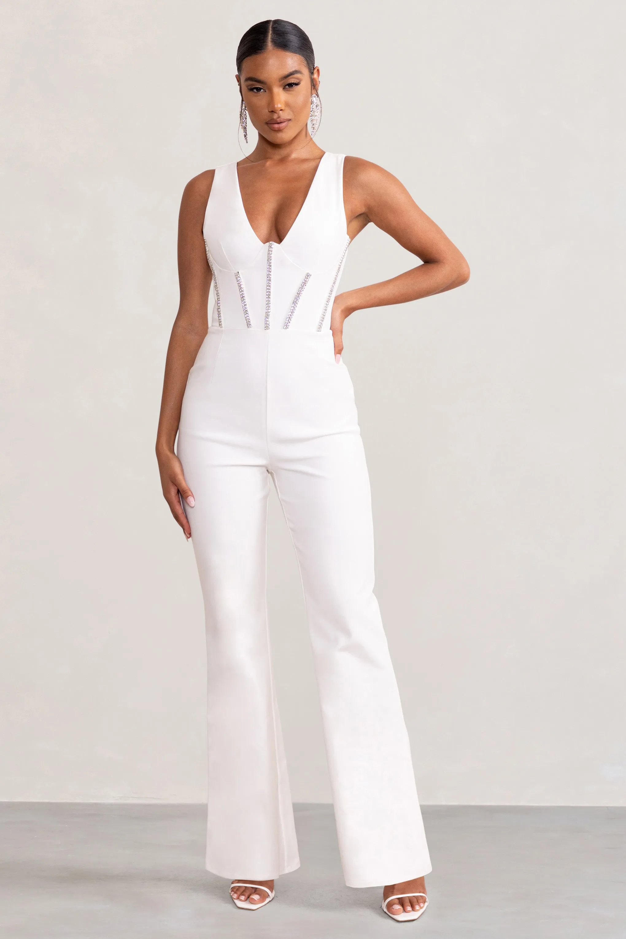 Alison | White Shaped Corset Jumpsuit With Diamante Trim Detail