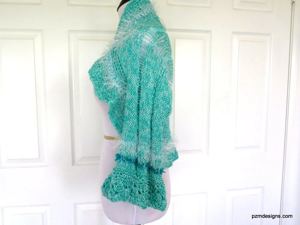 Aqua Hand Knit Bolero Shrug with White Fancy Fur