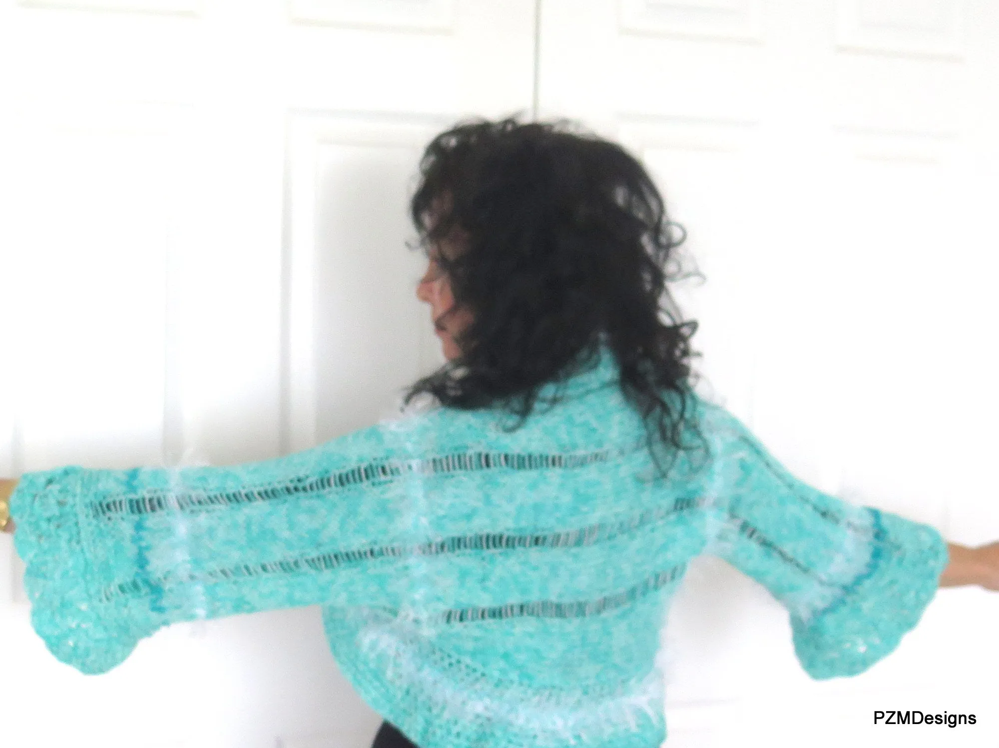 Aqua Hand Knit Bolero Shrug with White Fancy Fur