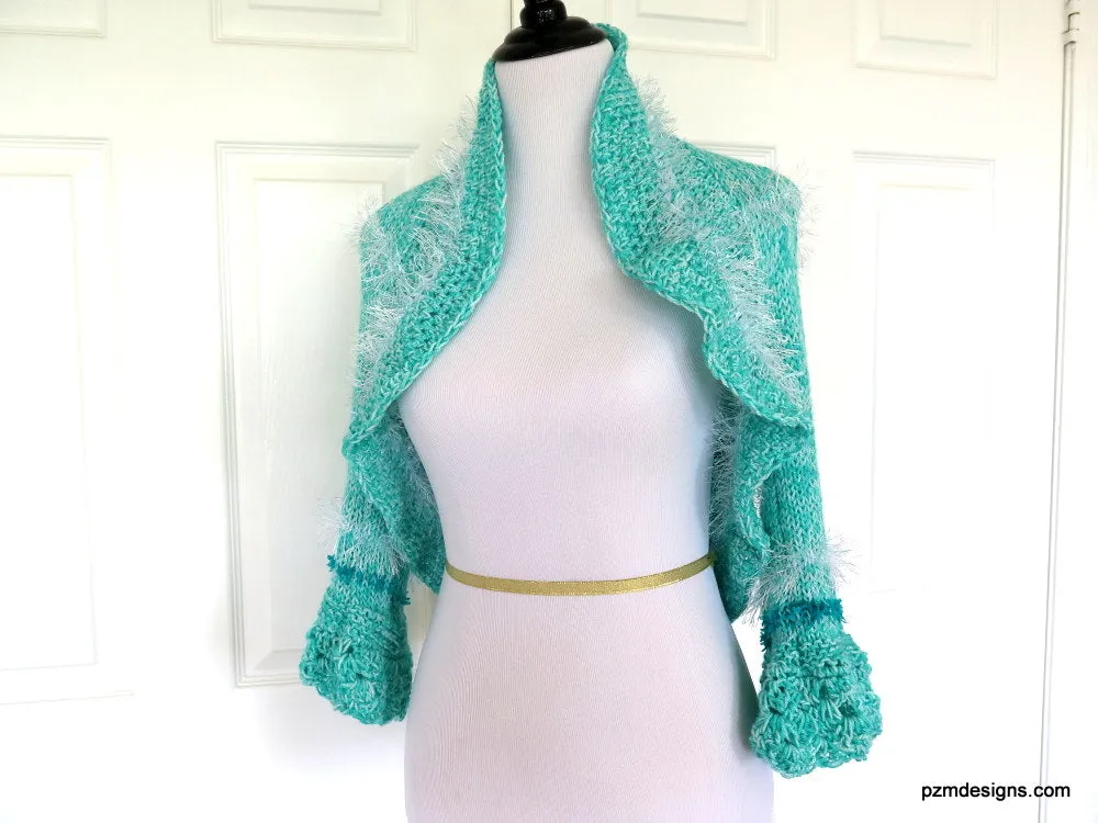 Aqua Hand Knit Bolero Shrug with White Fancy Fur