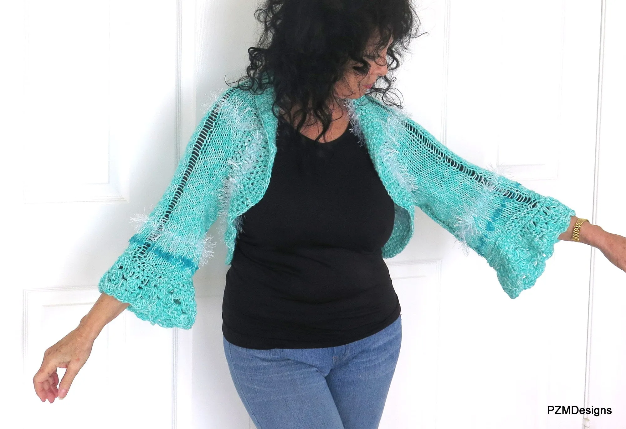 Aqua Hand Knit Bolero Shrug with White Fancy Fur