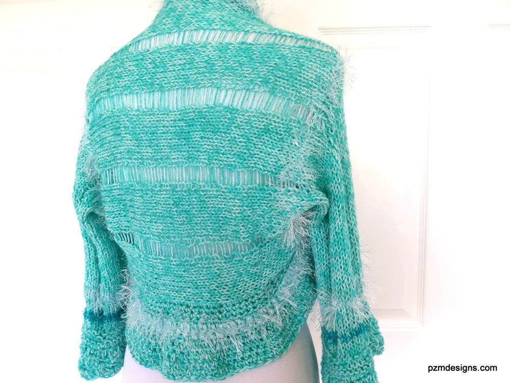 Aqua Hand Knit Bolero Shrug with White Fancy Fur