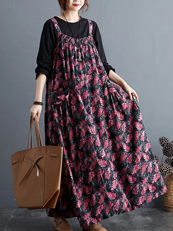 Artistic Retro Ramie Cotton Loose 3 Colors Floral Printed Square-Neck Sleeveless Strap Dress