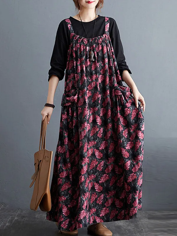 Artistic Retro Ramie Cotton Loose 3 Colors Floral Printed Square-Neck Sleeveless Strap Dress