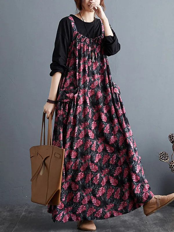 Artistic Retro Ramie Cotton Loose 3 Colors Floral Printed Square-Neck Sleeveless Strap Dress