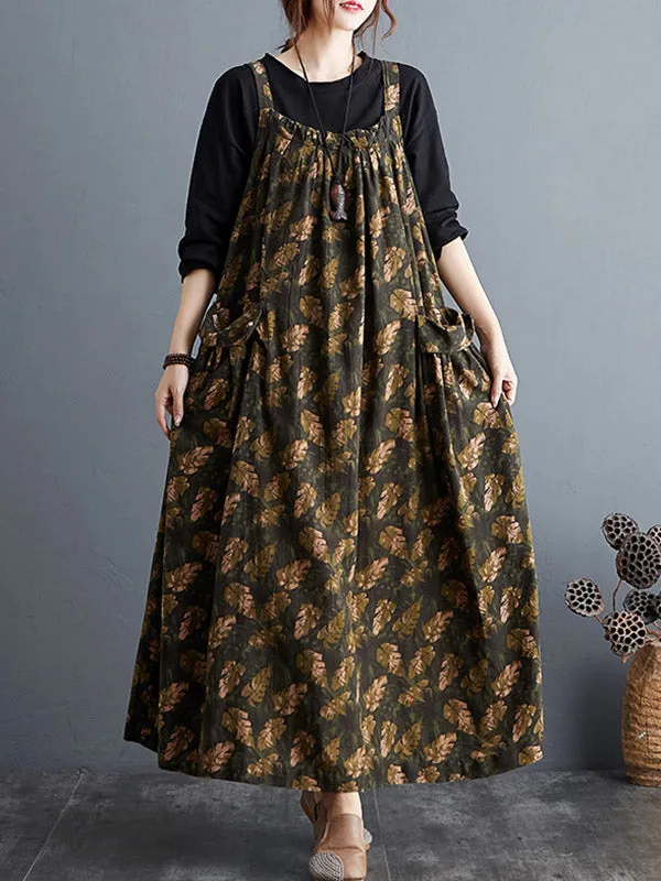 Artistic Retro Ramie Cotton Loose 3 Colors Floral Printed Square-Neck Sleeveless Strap Dress