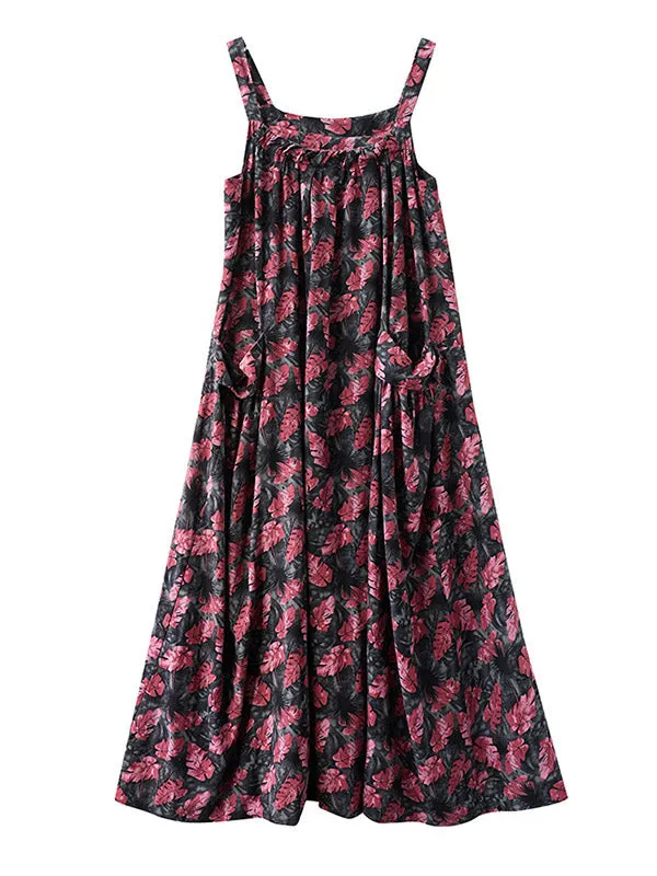 Artistic Retro Ramie Cotton Loose 3 Colors Floral Printed Square-Neck Sleeveless Strap Dress