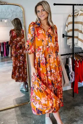 Artists Smock Dress Print Pleated Half Sleeve Buttoned Maxi Dress