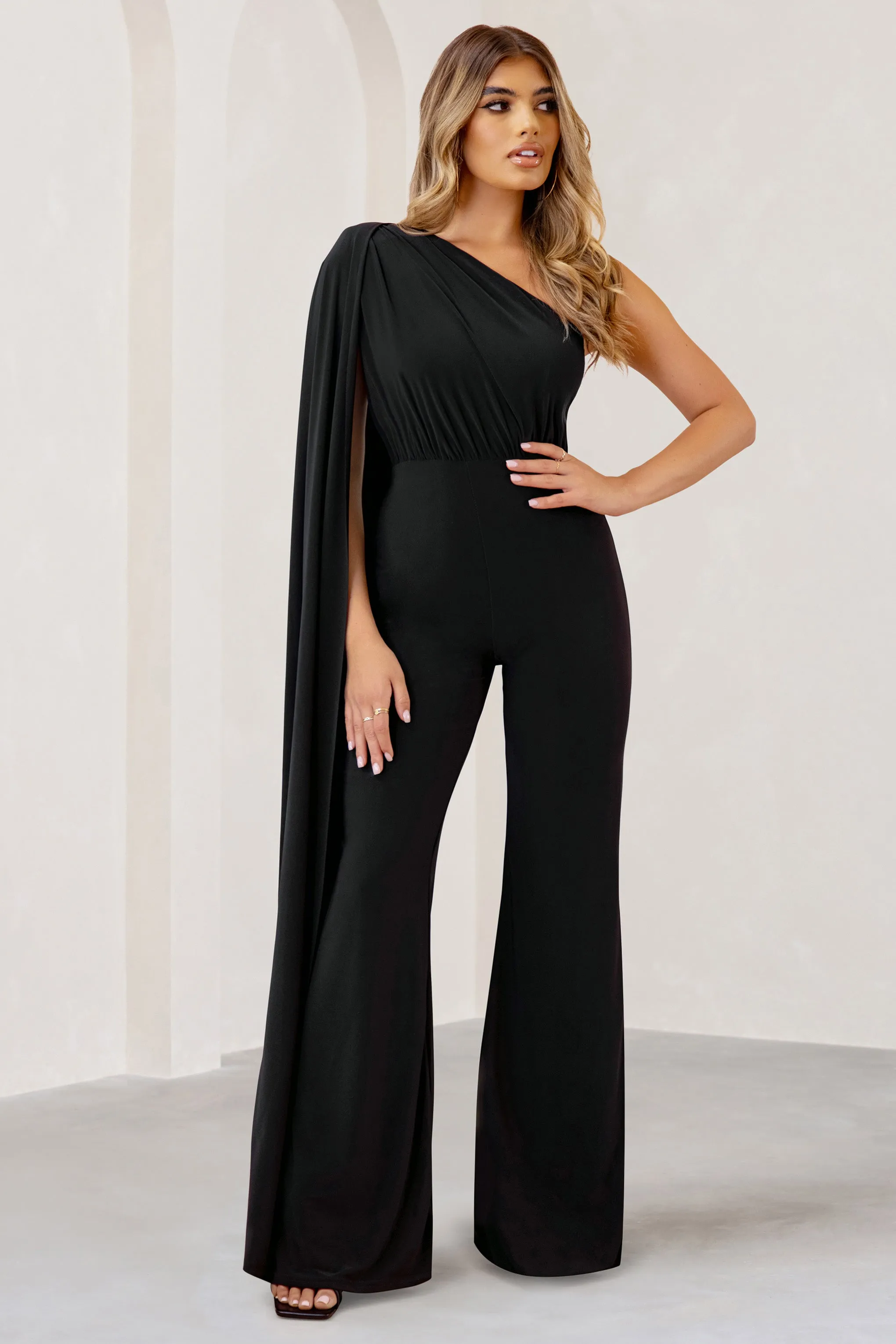 Aurora | Black One Shoulder Cape Sleeve Jumpsuit