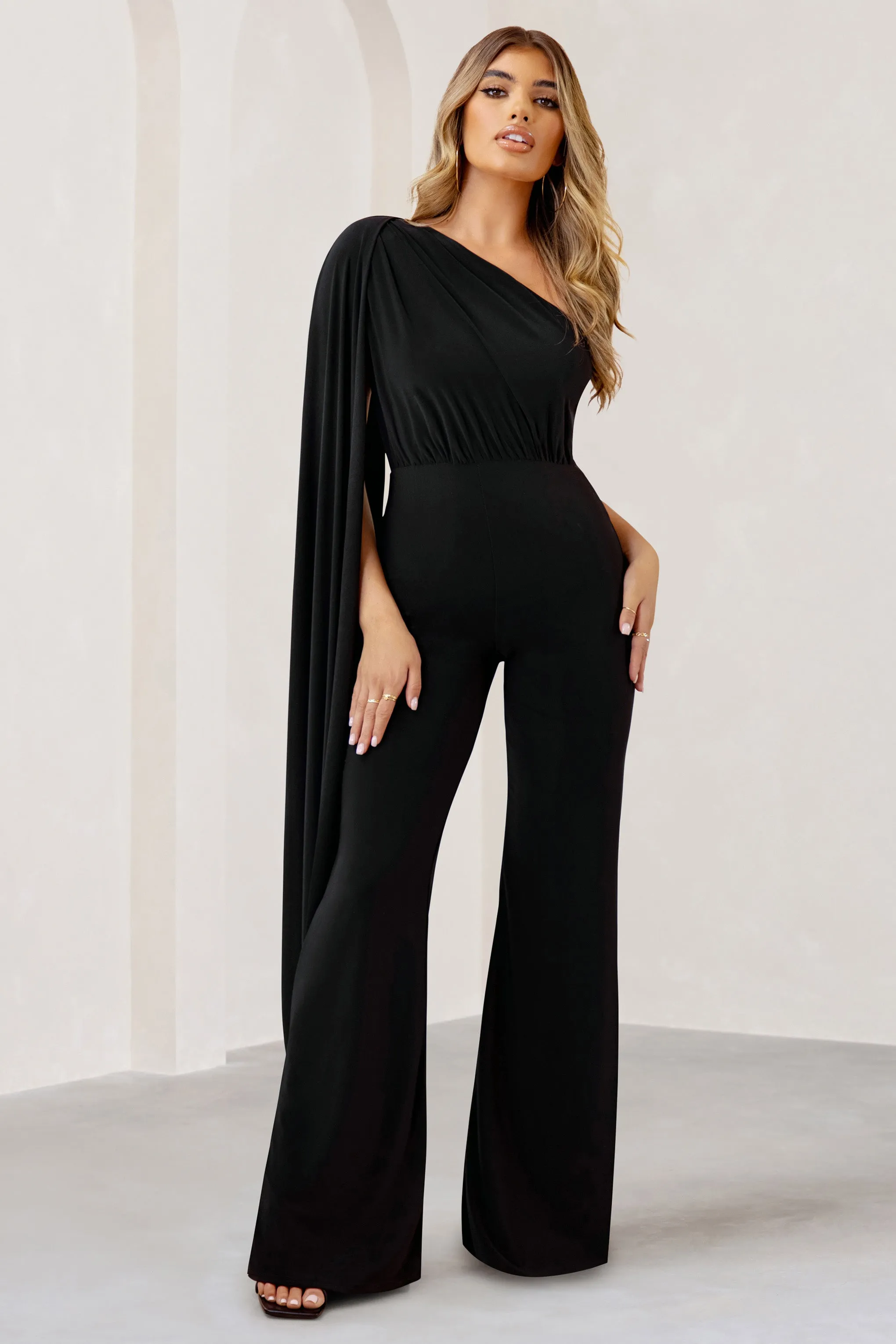 Aurora | Black One Shoulder Cape Sleeve Jumpsuit