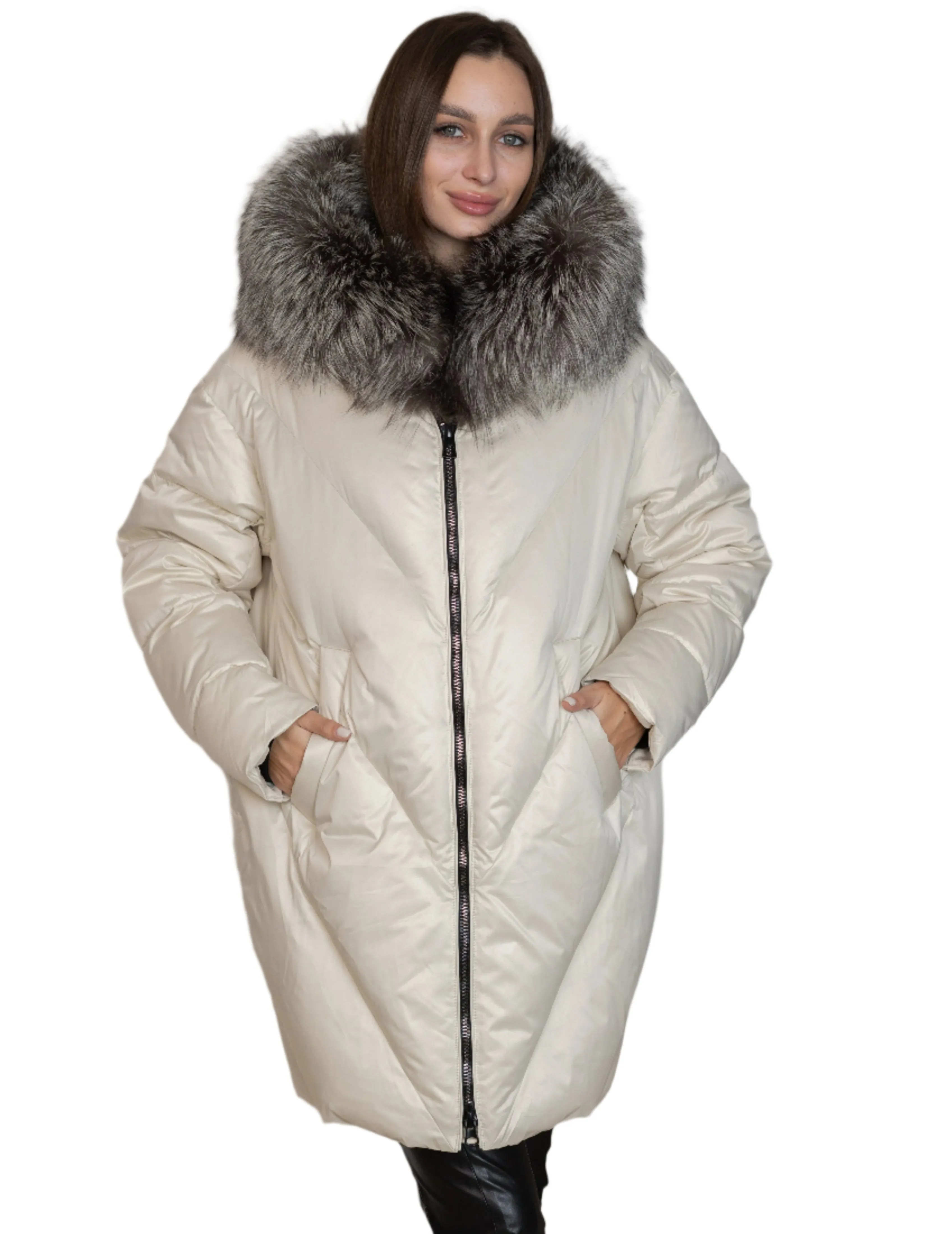 Azura Genuine Silver Fox Fur Down Fill Coat