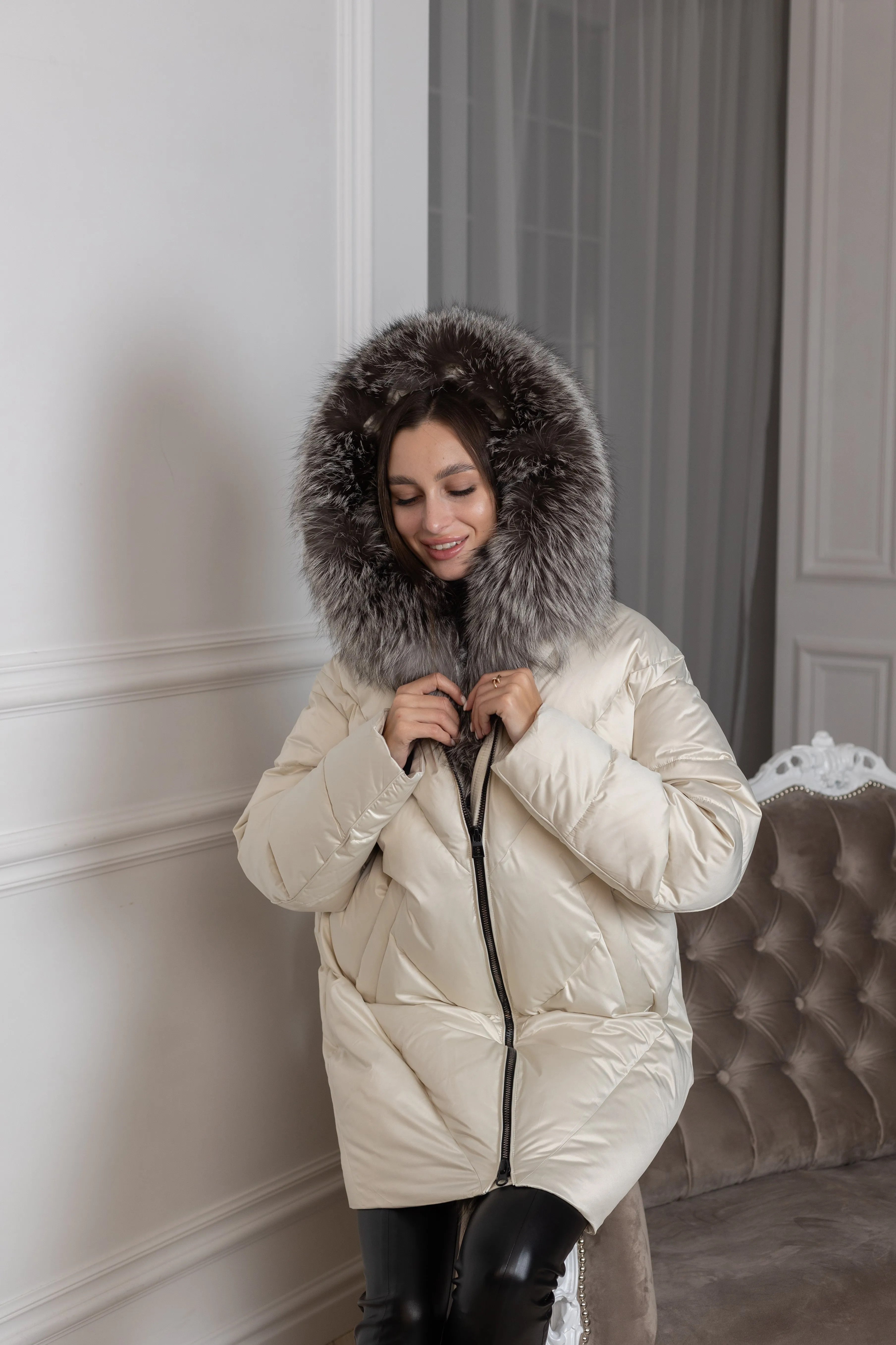 Azura Genuine Silver Fox Fur Down Fill Coat