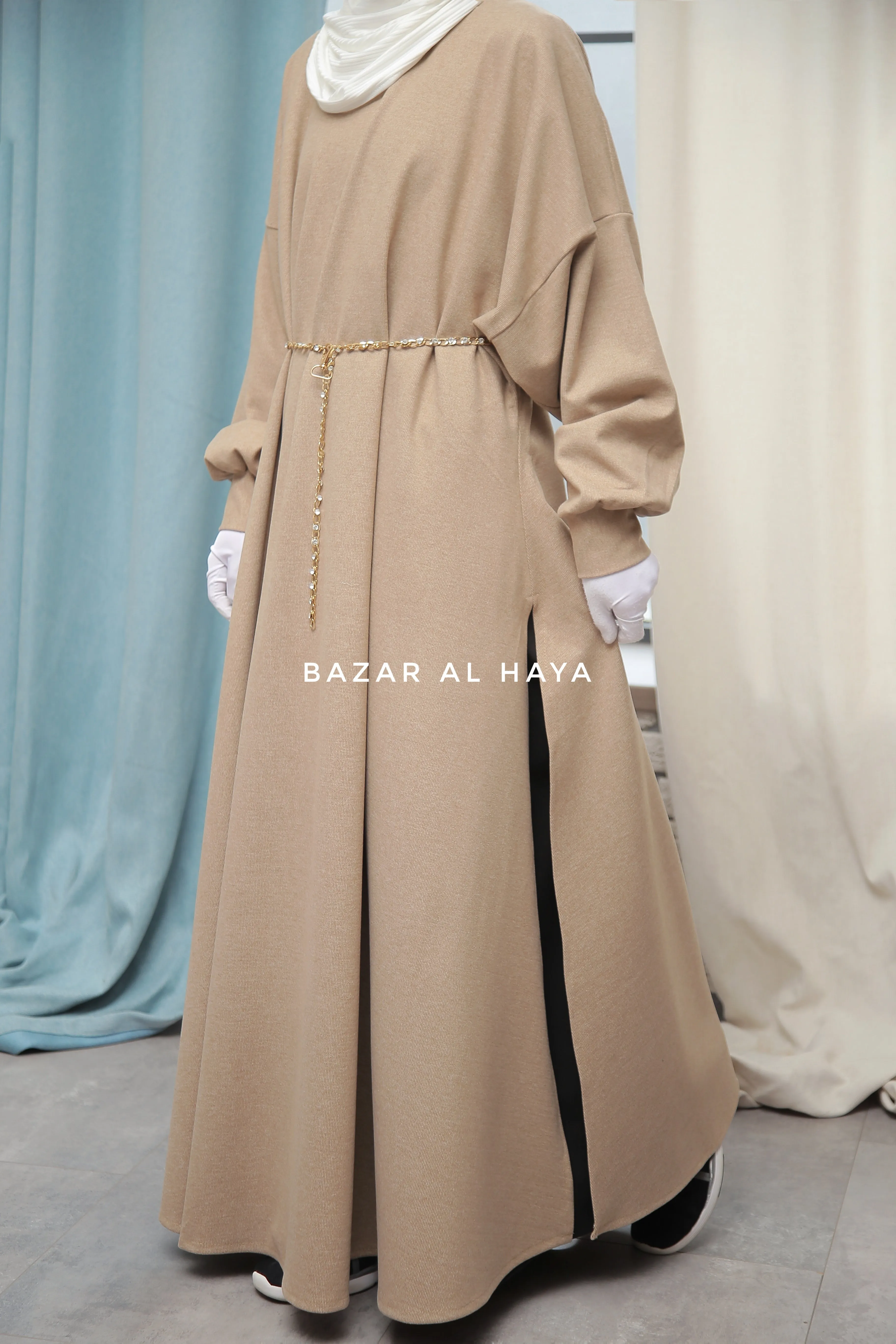 Basimah Beige Classic Design Warm Abaya Coat - Premium Wool