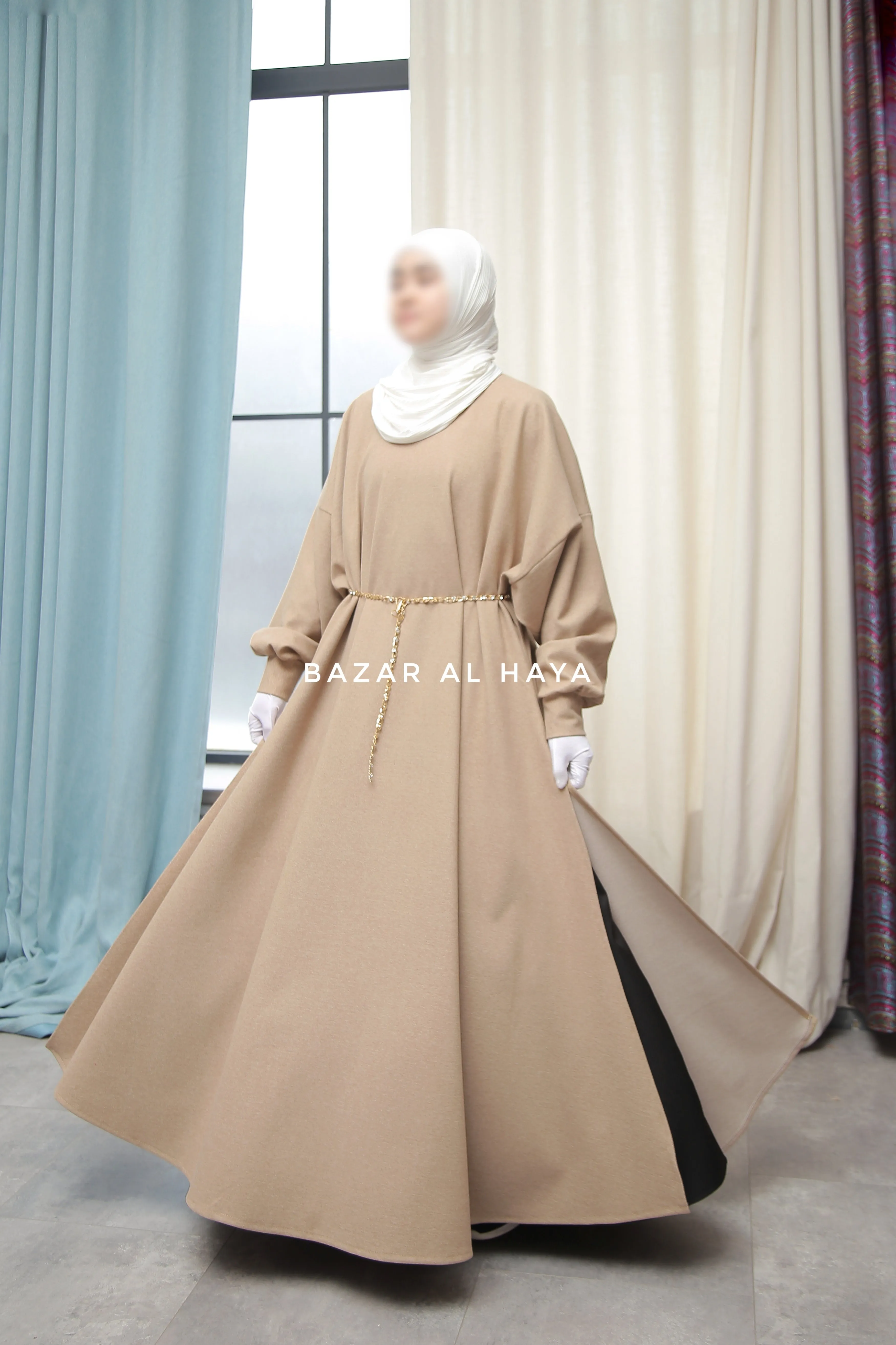 Basimah Beige Classic Design Warm Abaya Coat - Premium Wool