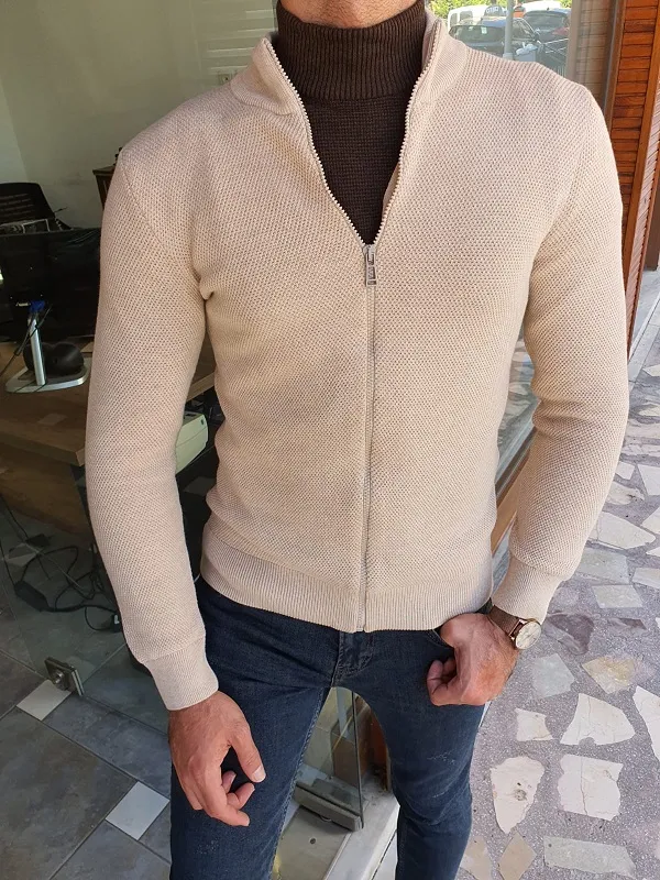 Beige Slim Fit Cardigan for Men by GentWith.com