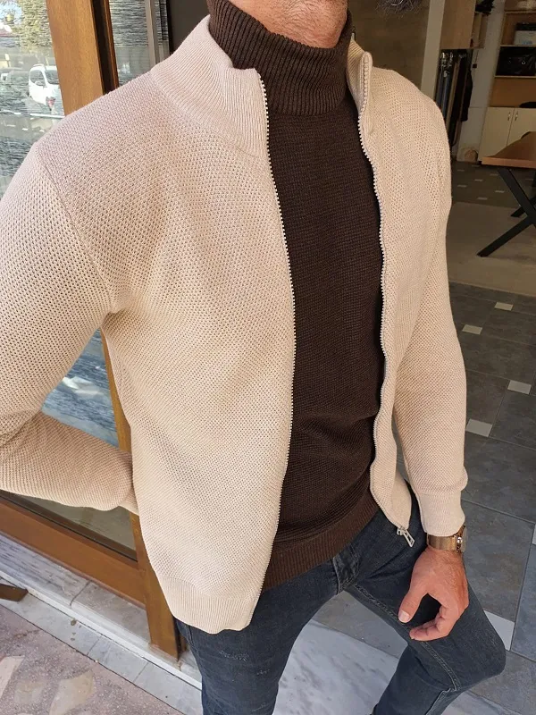 Beige Slim Fit Cardigan for Men by GentWith.com