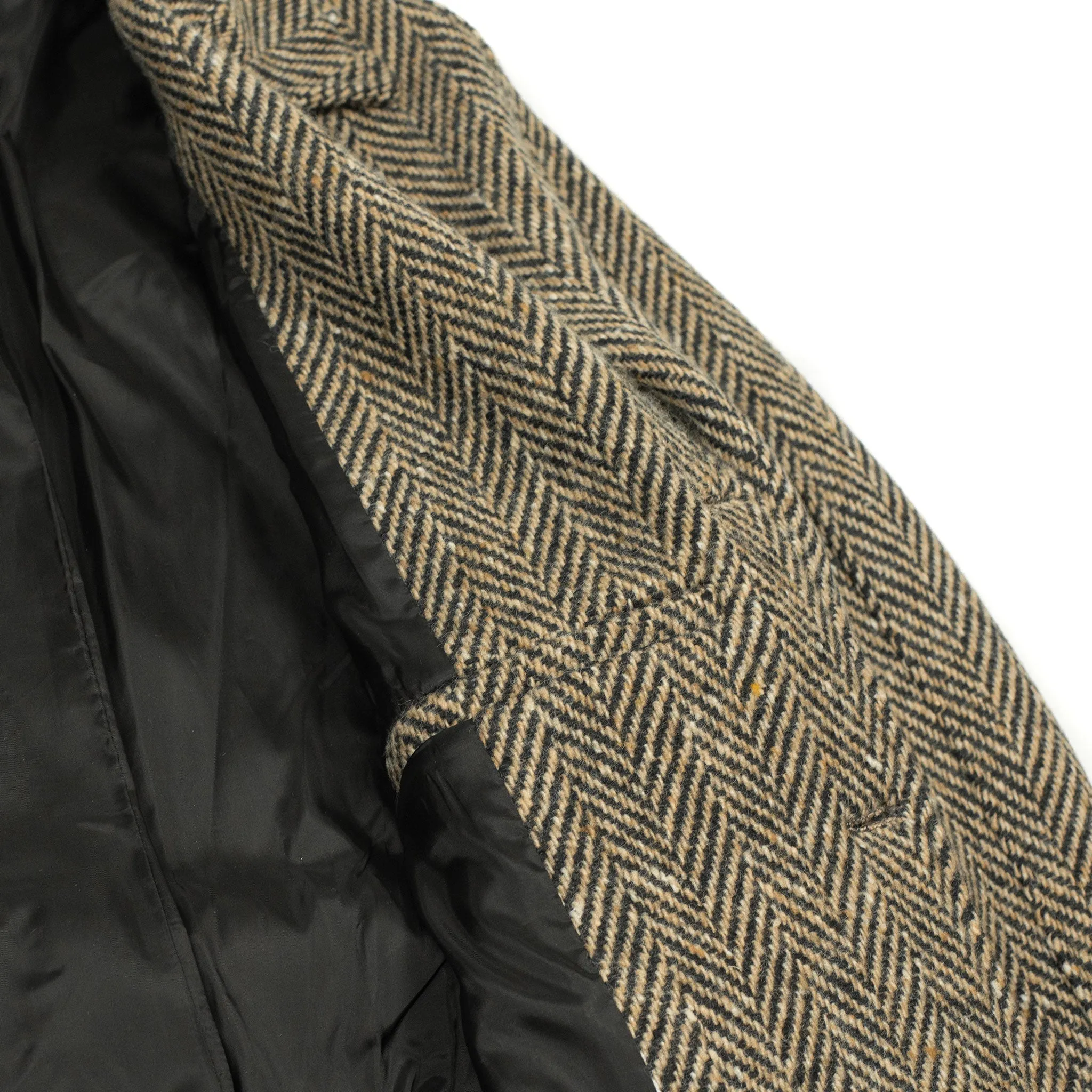 Belted balmacaan coat in handloomed Donegal oatmeal-black herringbone tweed