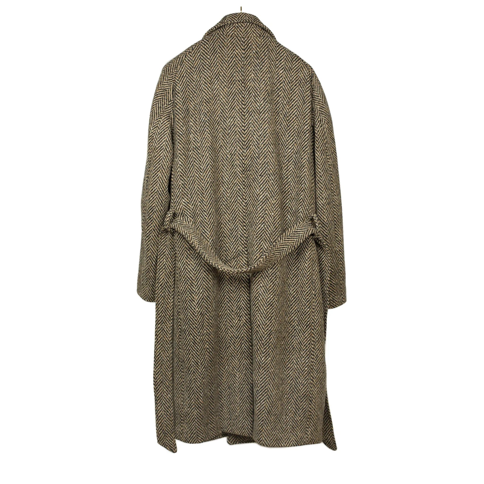 Belted balmacaan coat in handloomed Donegal oatmeal-black herringbone tweed