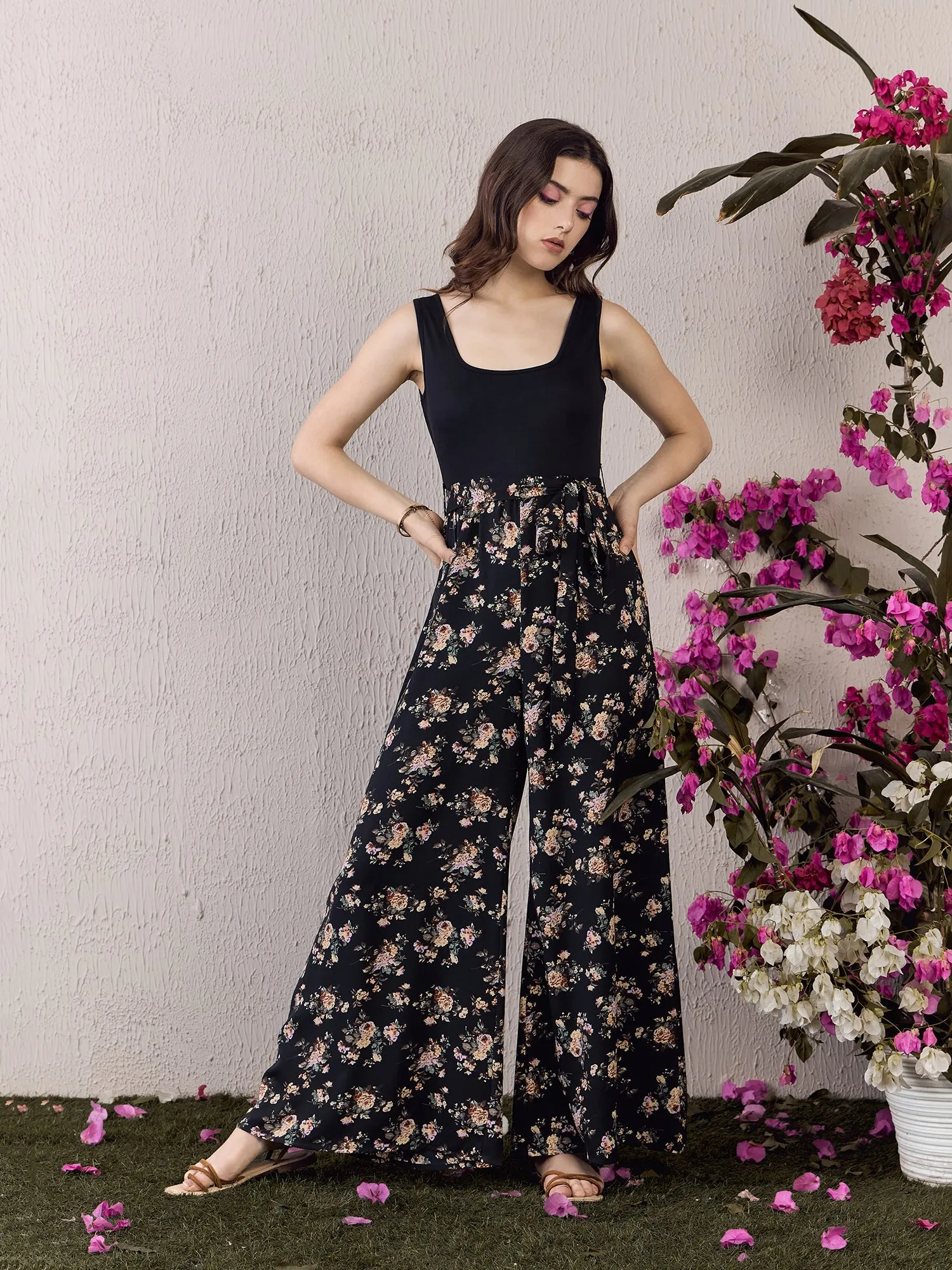 Berrylush Women Black & White Floral Printed Scoop Neck Sleeveless Tie-Up Waist Flared Maxi Culotte Jumpsuit