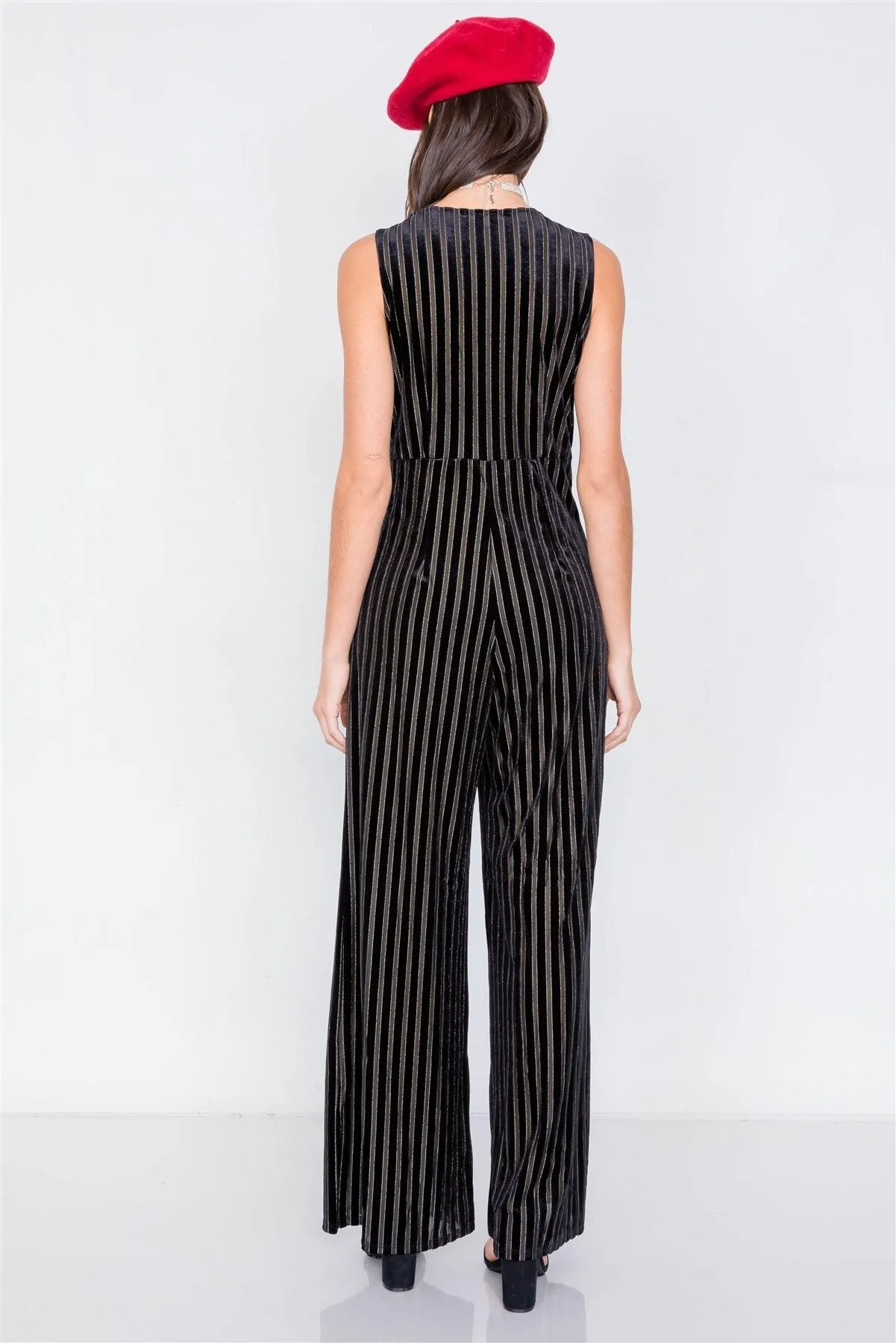 Black & Olive Silver Sheer Velvet Stripe V-Neck Chic Jumpsuit /2-2-2