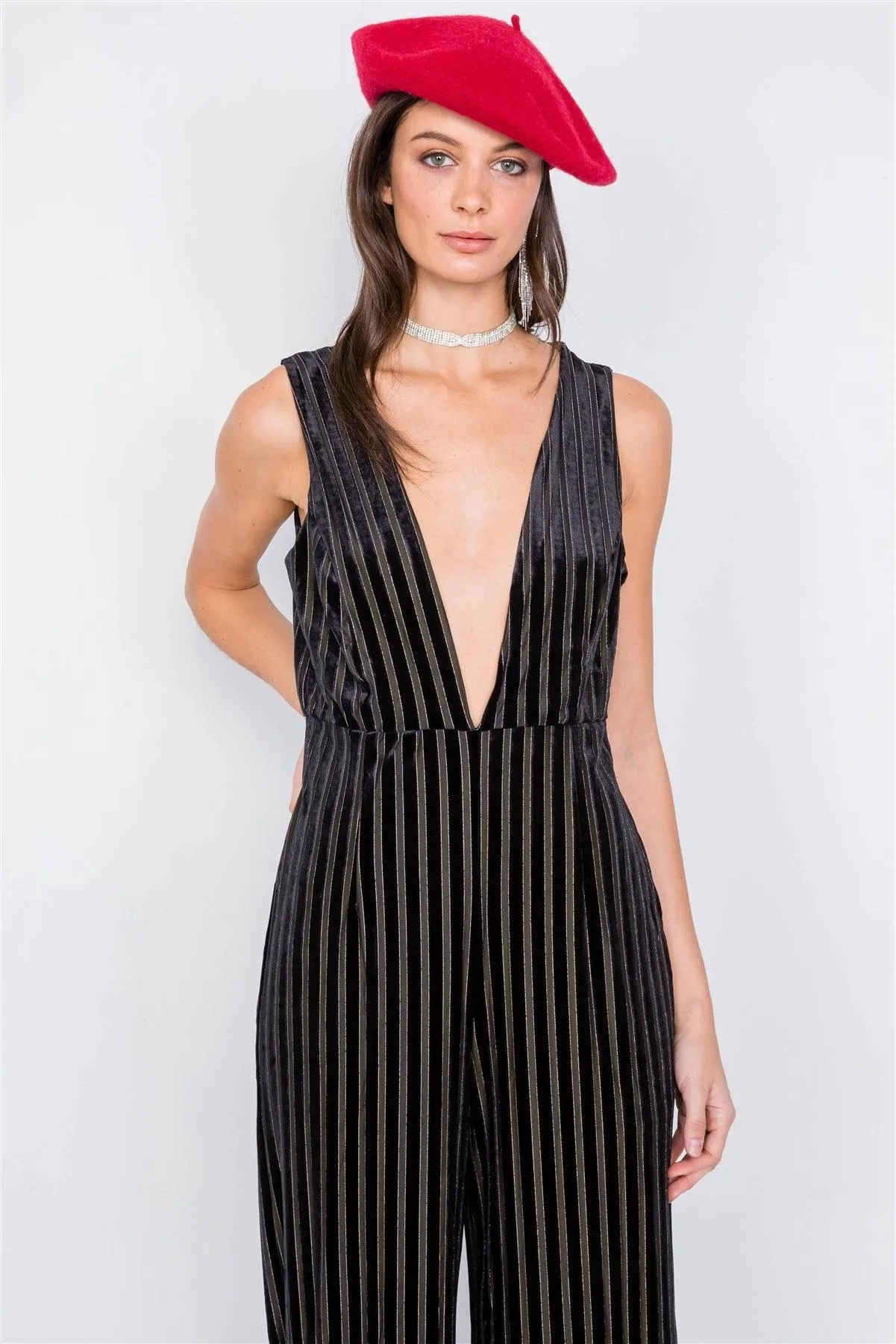 Black & Olive Silver Sheer Velvet Stripe V-Neck Chic Jumpsuit /2-2-2