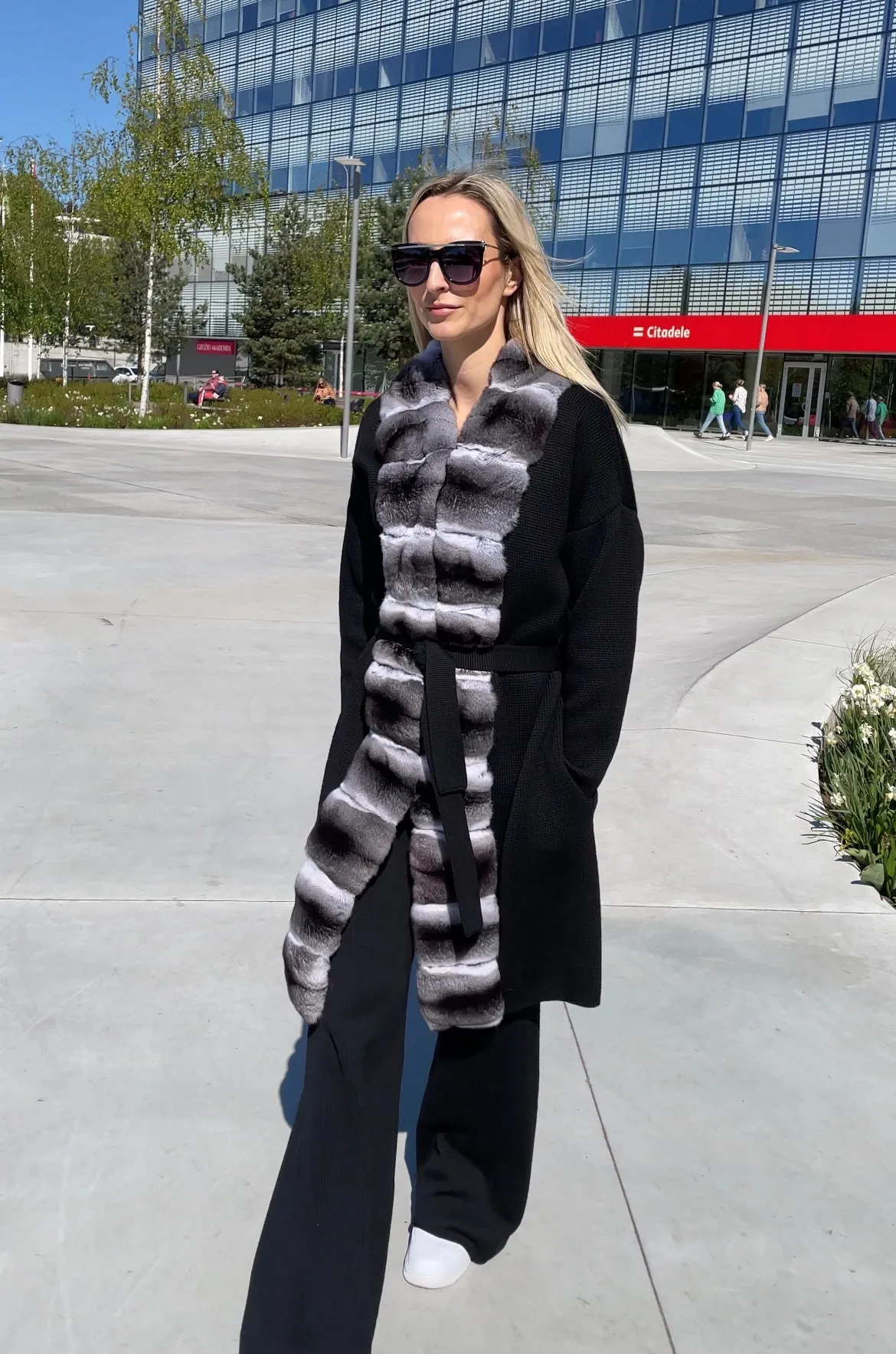 Black Chinchilla Fur Trim Cardigan Coat