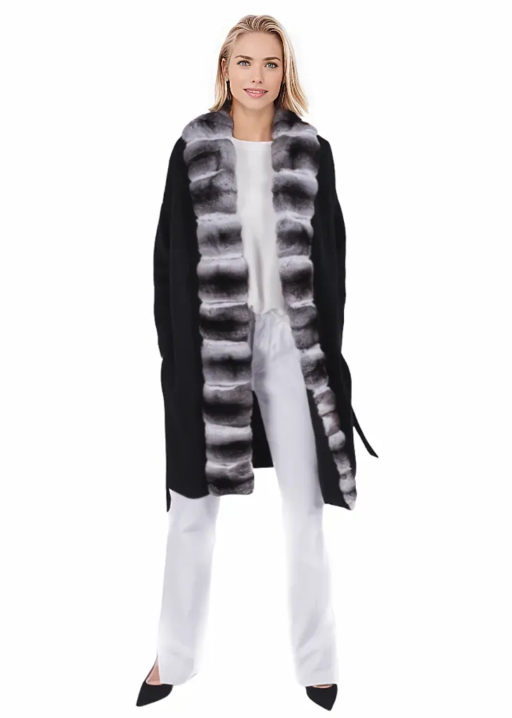 Black Chinchilla Fur Trim Cardigan Coat