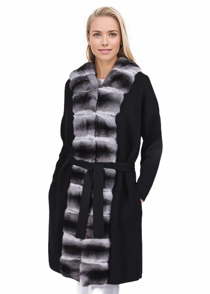 Black Chinchilla Fur Trim Cardigan Coat