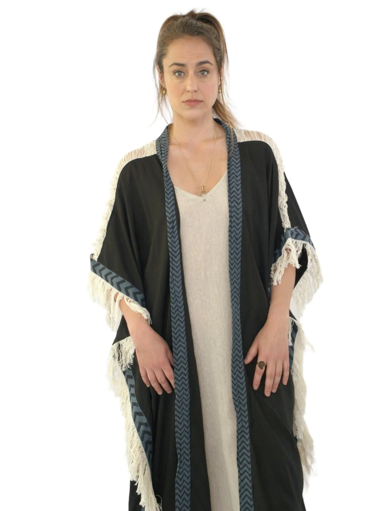 Black Closed-Back Fringe Poncho