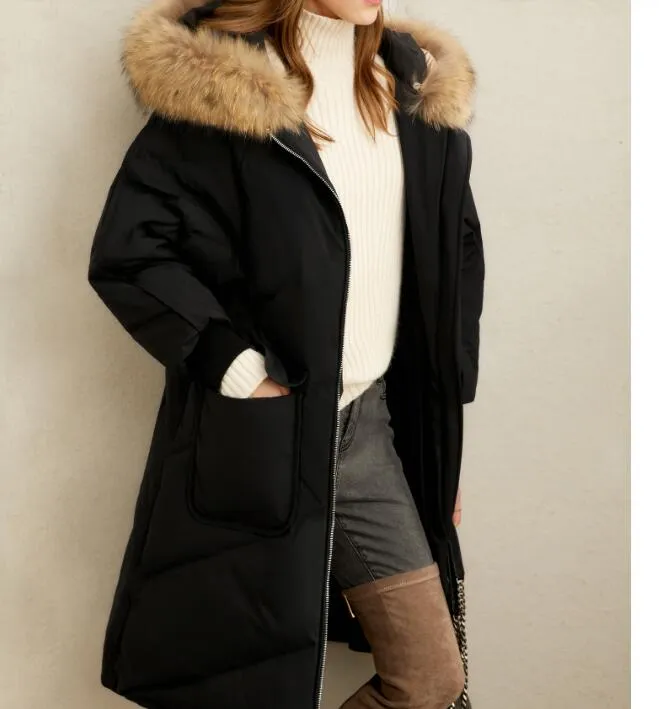 Black Fur Trim Women Winter Loose Plus size Side Pockets Down Jacket Women Down Coats Any Size