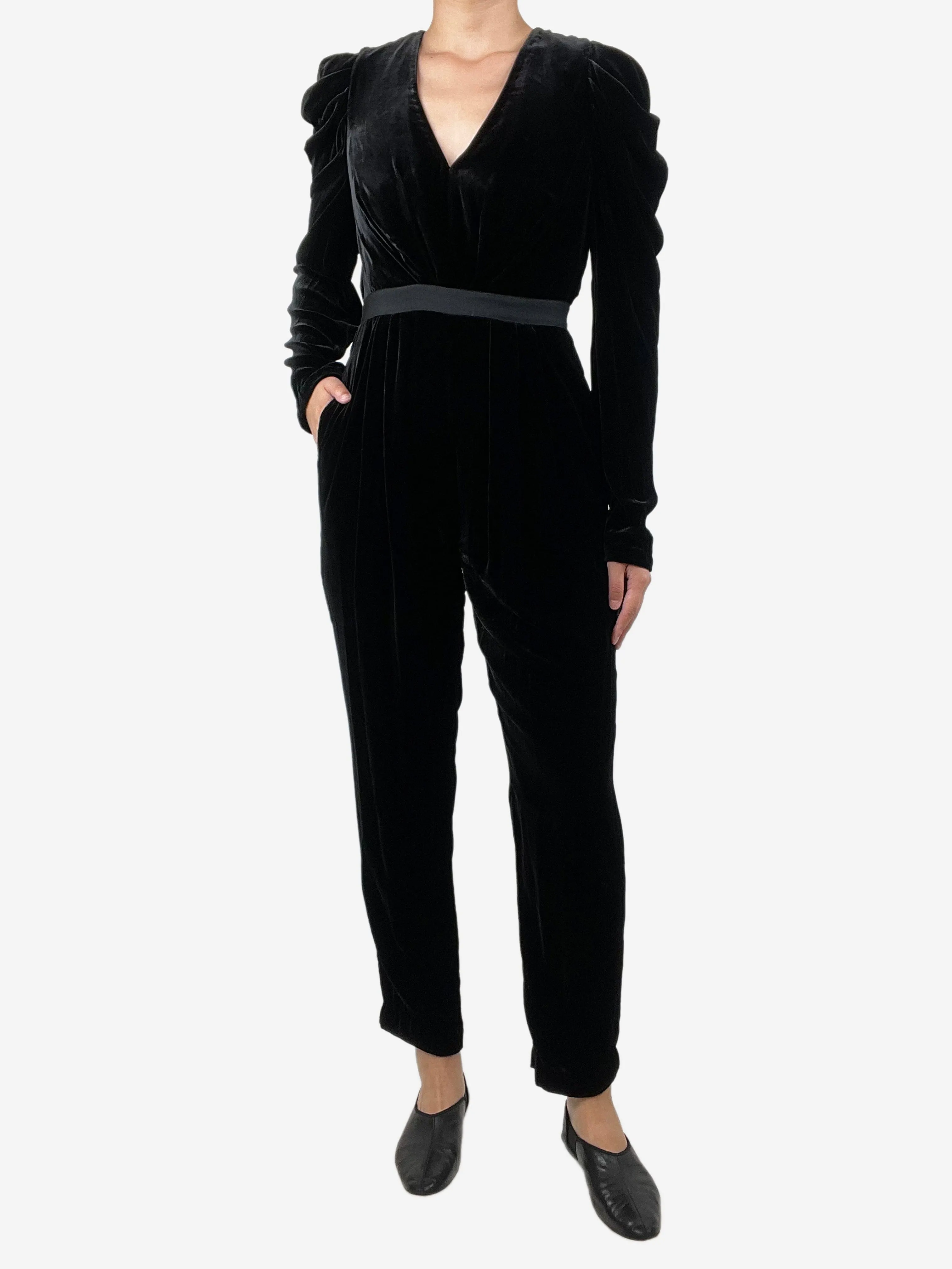 Black tapered velvet jumpsuit - size UK 8