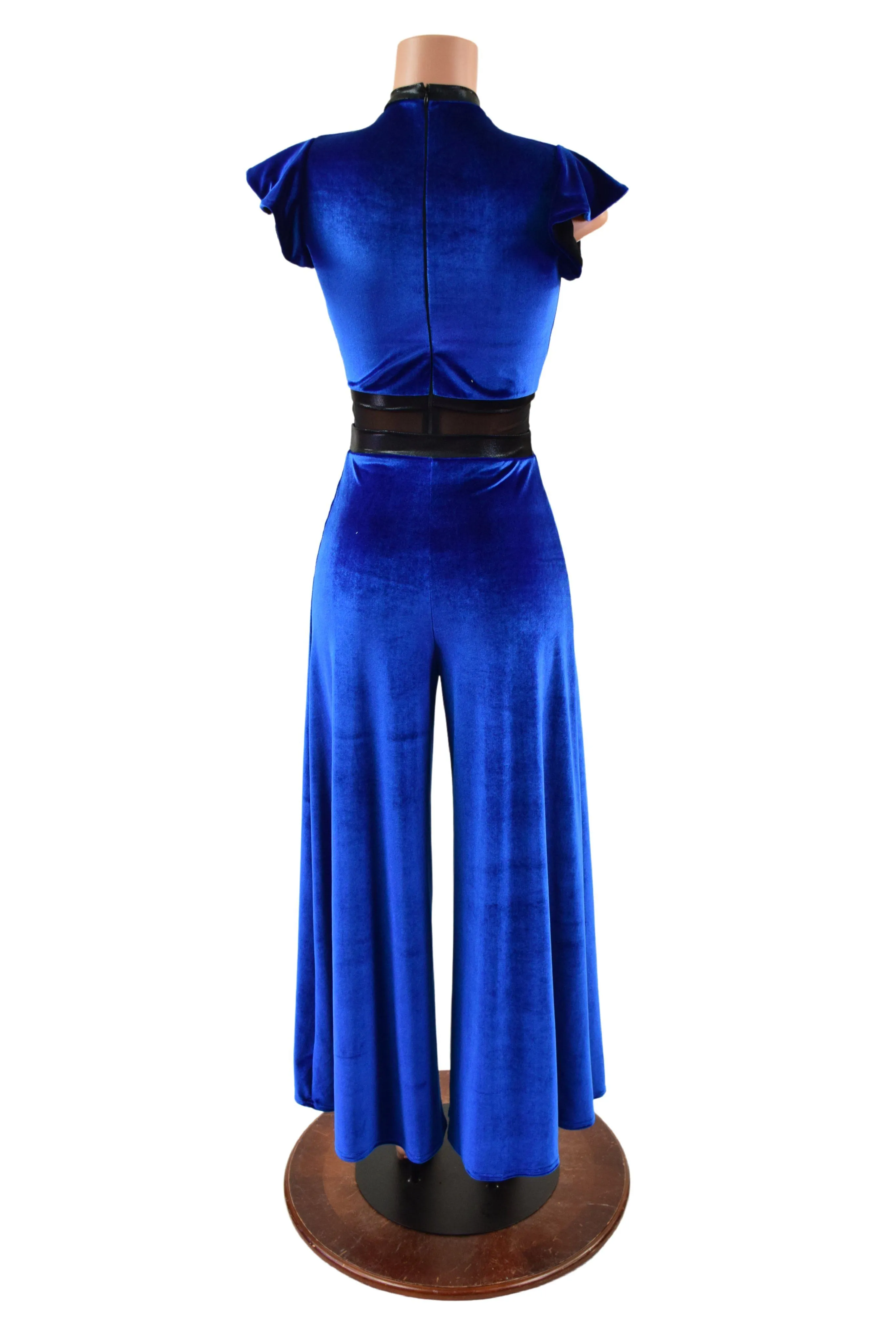 Blue Velvet Wide Leg Jumpsuit with Mesh Waist Panel