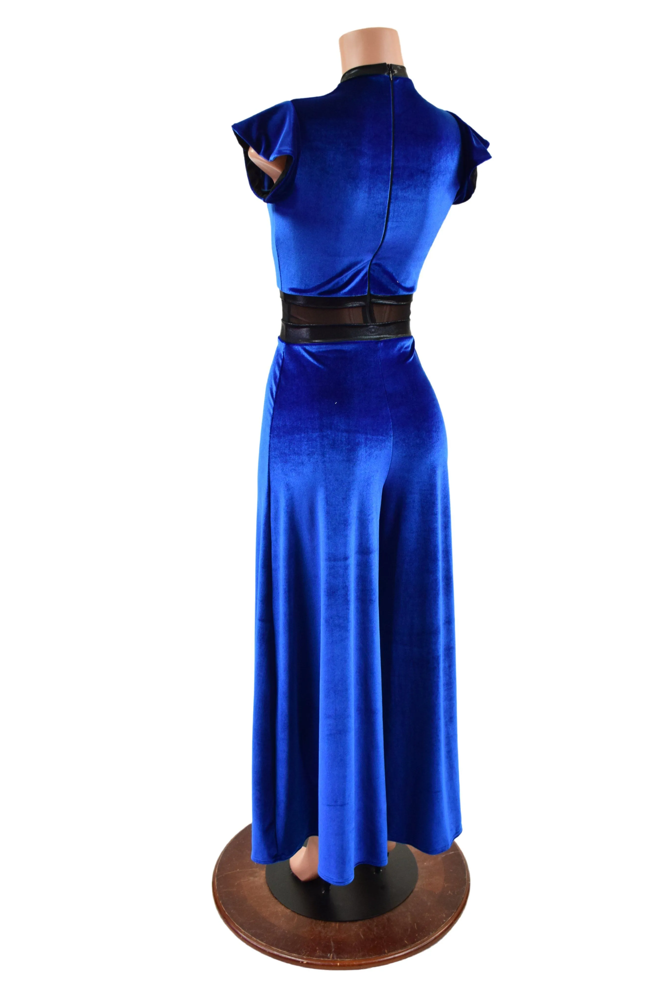 Blue Velvet Wide Leg Jumpsuit with Mesh Waist Panel