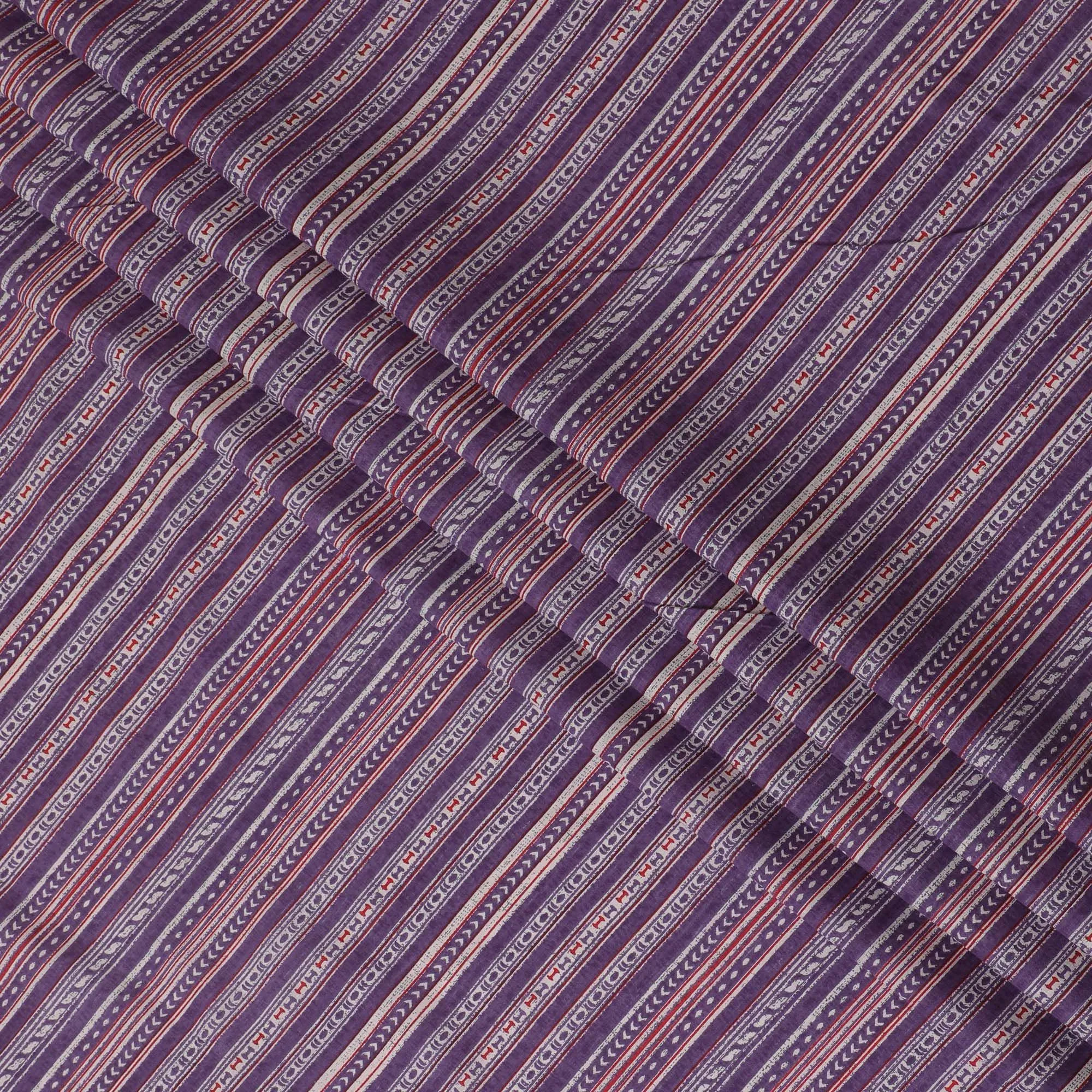 Bohemian Rhapsody Printed Cotton Lawn Fabric - Vibrant Purple Stripes & Tribal Motifs, 110cm Width-D18758